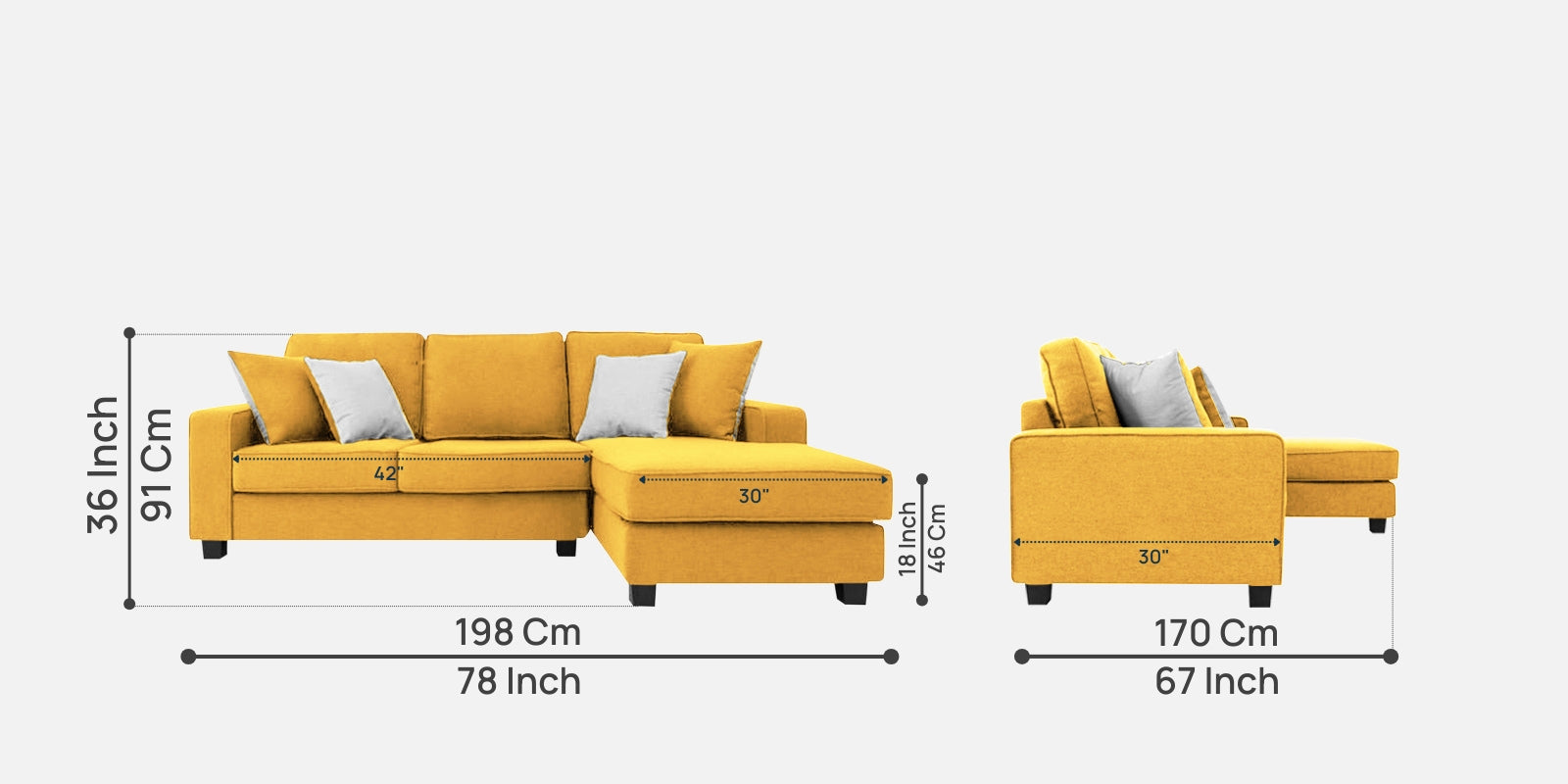 Ladybug Fabric LHS Sectional Sofa (2+Lounger) In Bold Yellow Colour - Febonic Living
