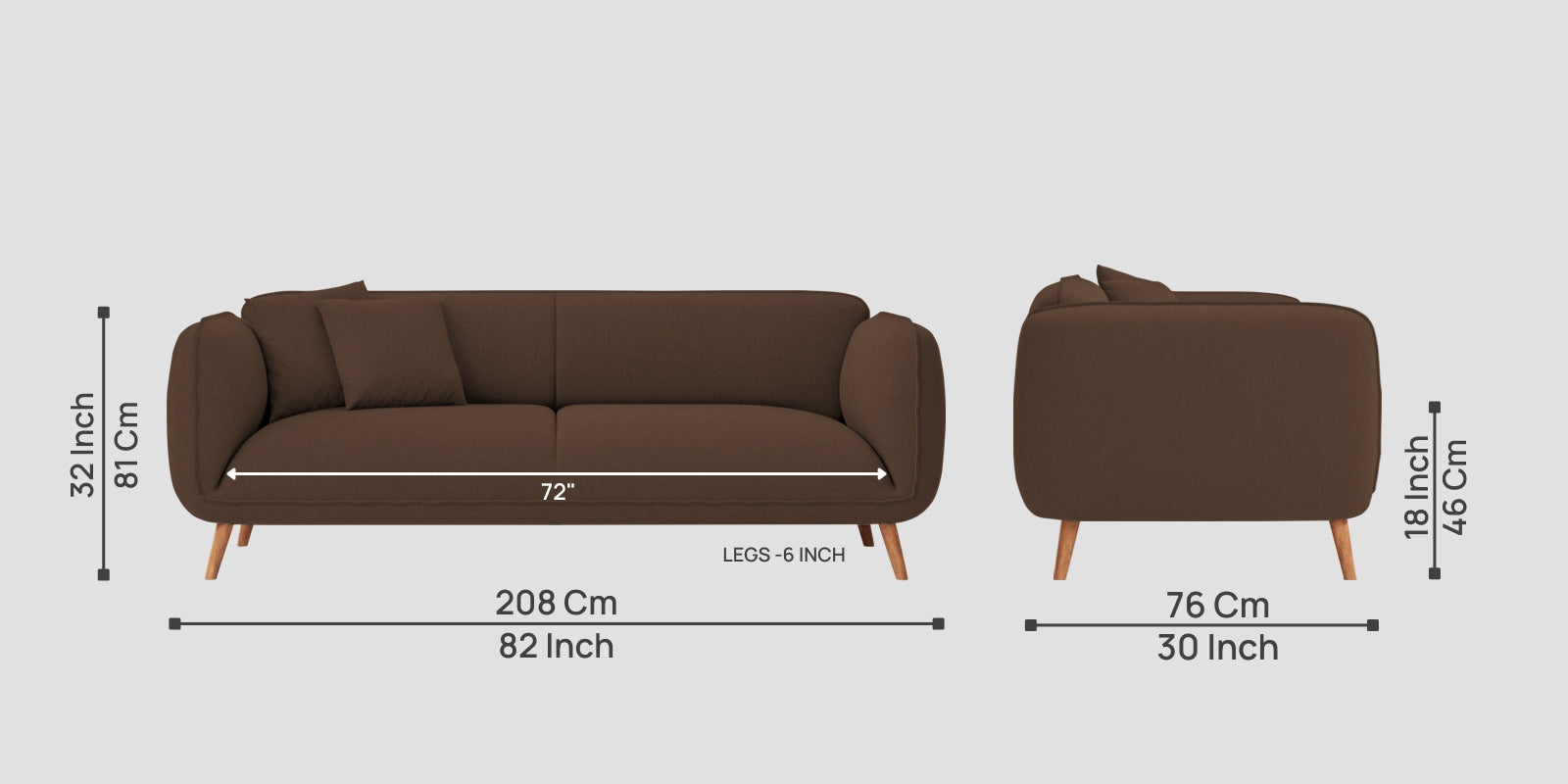 Zia Fabric 3 Seater Sofa In Ash Brown Colour
