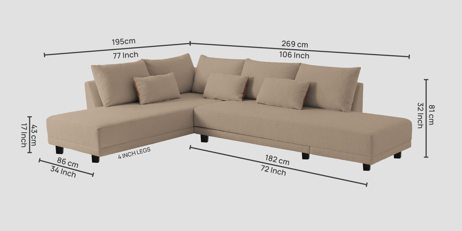 Ira Boucle Fabric RHS 6 Seater Convertible Sofa Cum Bed In Mushroom Beige Colour - Febonic Living