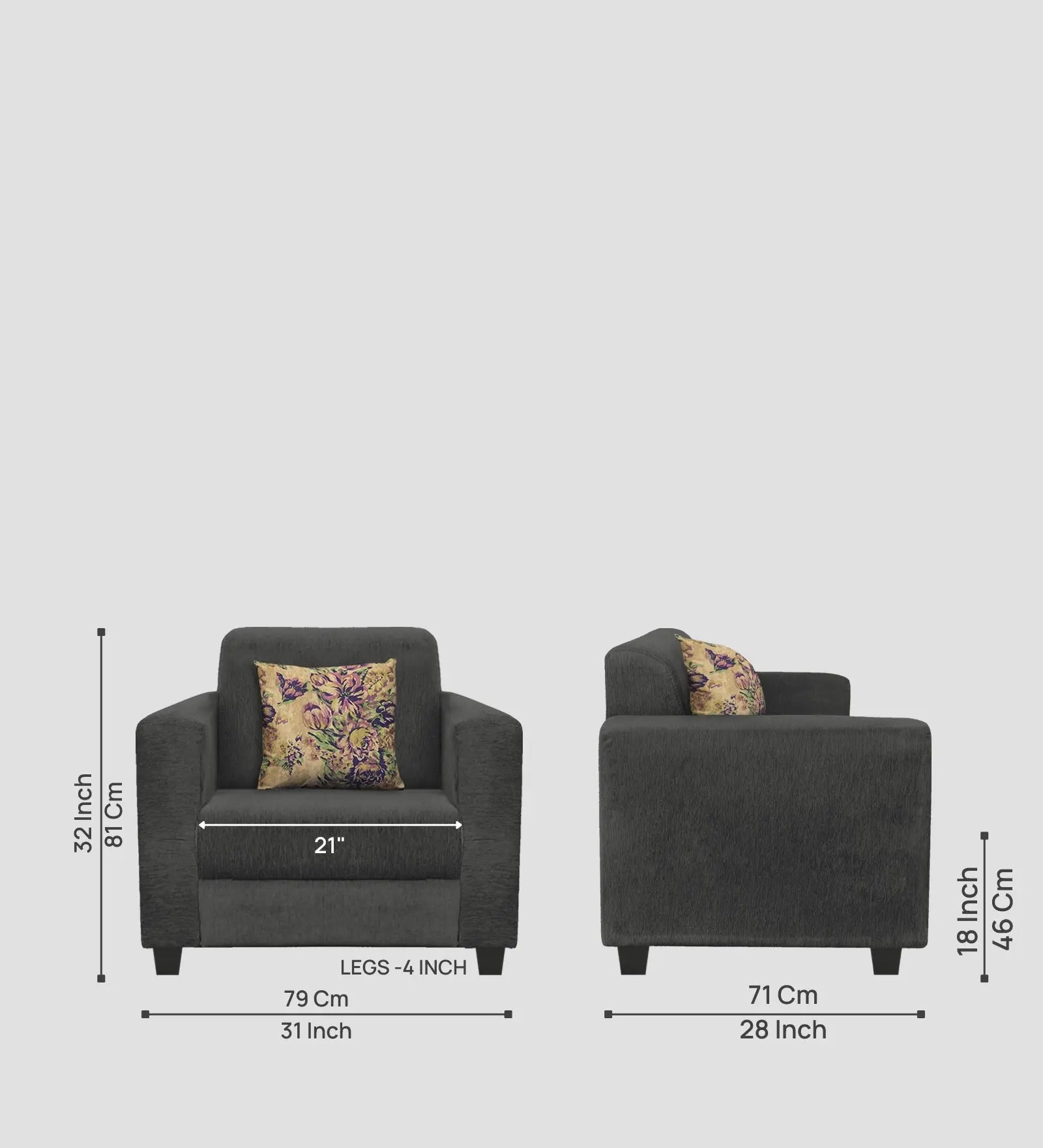 Lipu Fabric 1 Seater Sofa In Charcoal Grey Colour Febonic Living