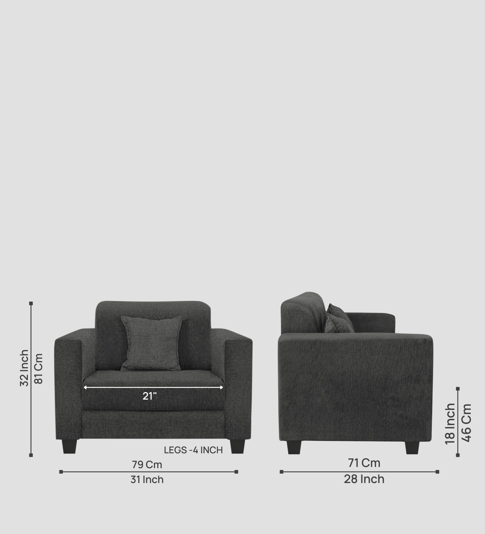 Nebula Fabric 1 Seater Sofa In Charcoal Grey Colour - Febonic Living