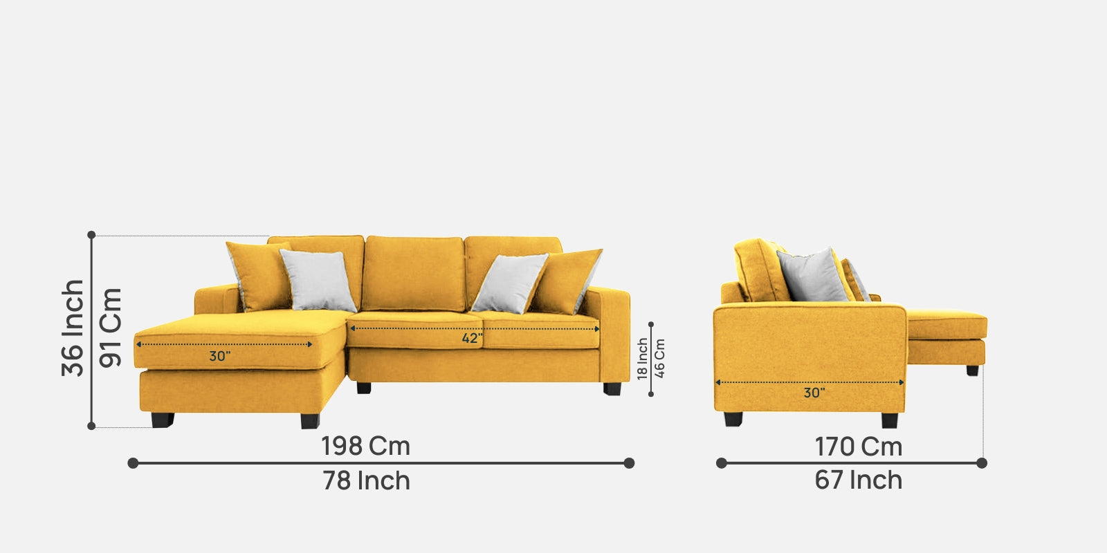 Ladybug Fabric RHS Sectional Sofa (2+Lounger) In Bold Yellow Colour - Febonic Living