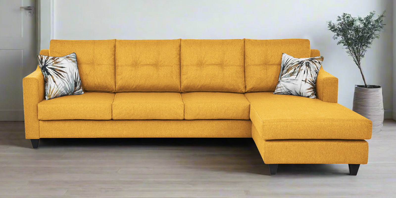 Welly Fabric LHS Sectional Sofa (3+Lounger) In Bold Yellow Colour - Febonic Living