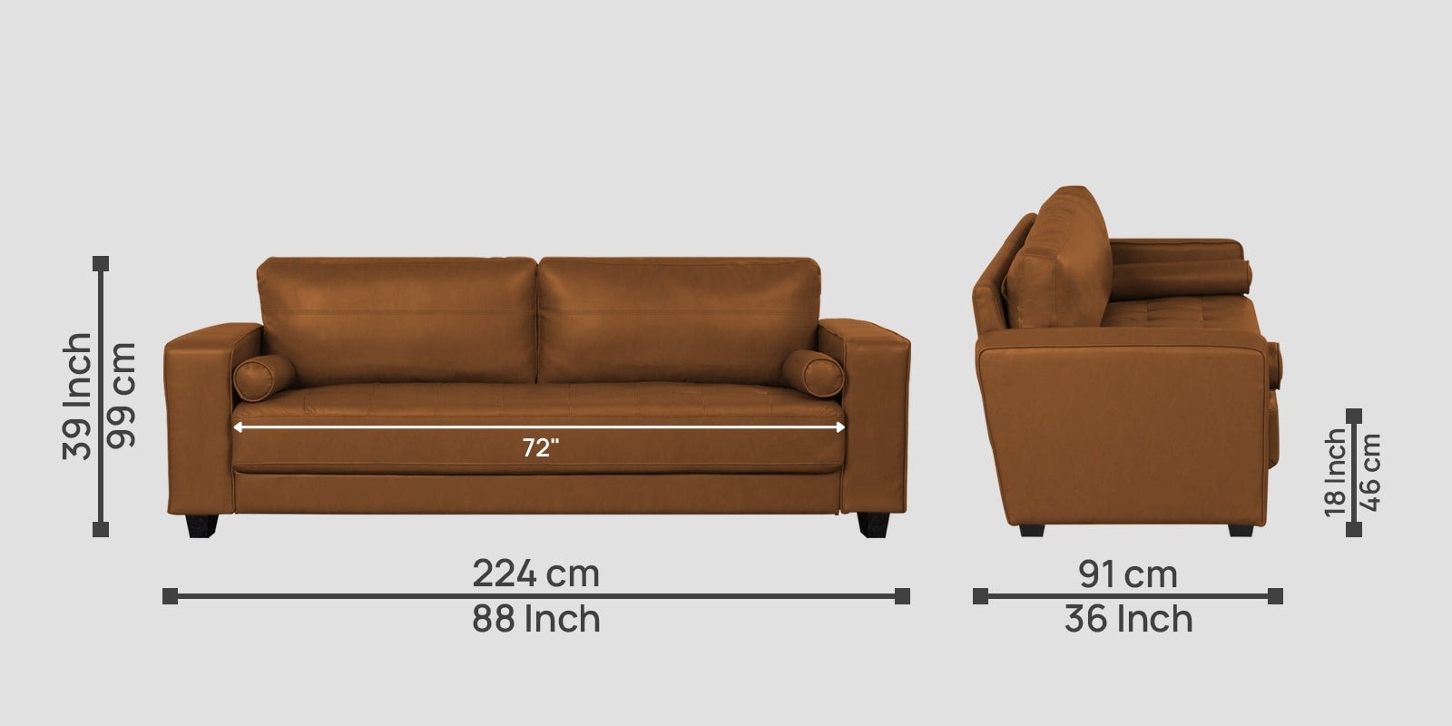 Darwin Leatherette 3 Seater Sofa In Cinnamon Brown Colour - Febonic Living
