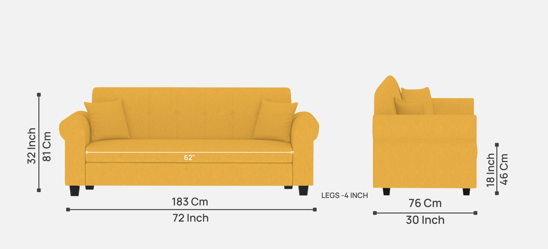 Derado Fabric 3 Seater Sofa In Bold Yellow Colour - Febonic Living