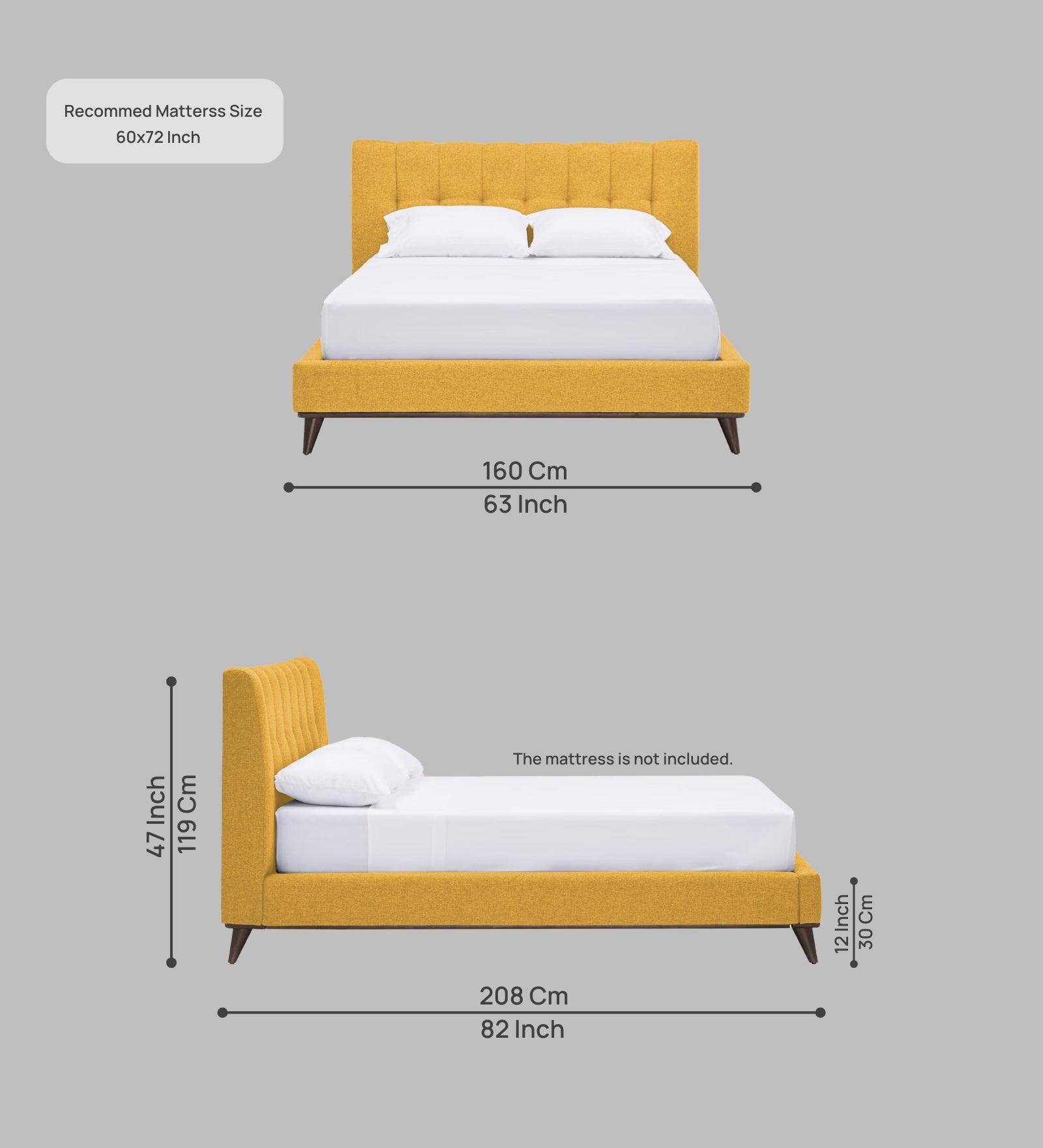 Jasmin Fabric Upholstered Queen Bed in Bold Yellow Colour - Febonic Living
