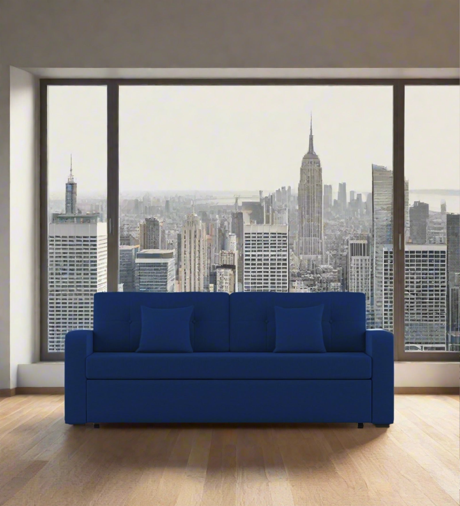 Rocky Fabric 3 Seater Pull Out Sofa Cum Bed In Royal Blue Colour With Storage - Febonic Living