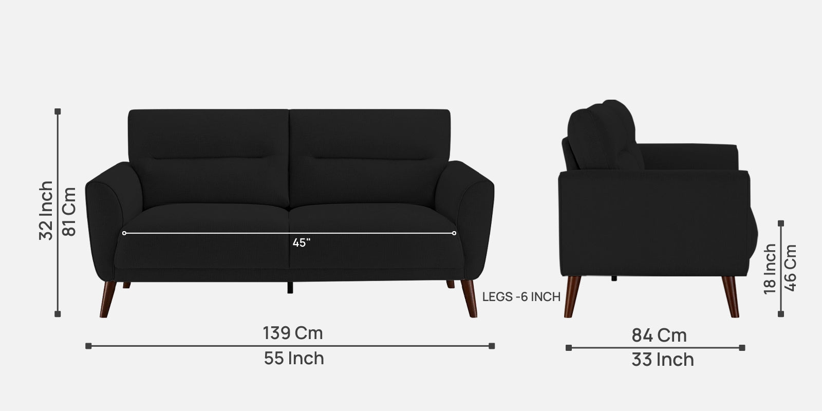 Castro Fabric 2 Seater Sofa In Zed Black Colour - Febonic Living