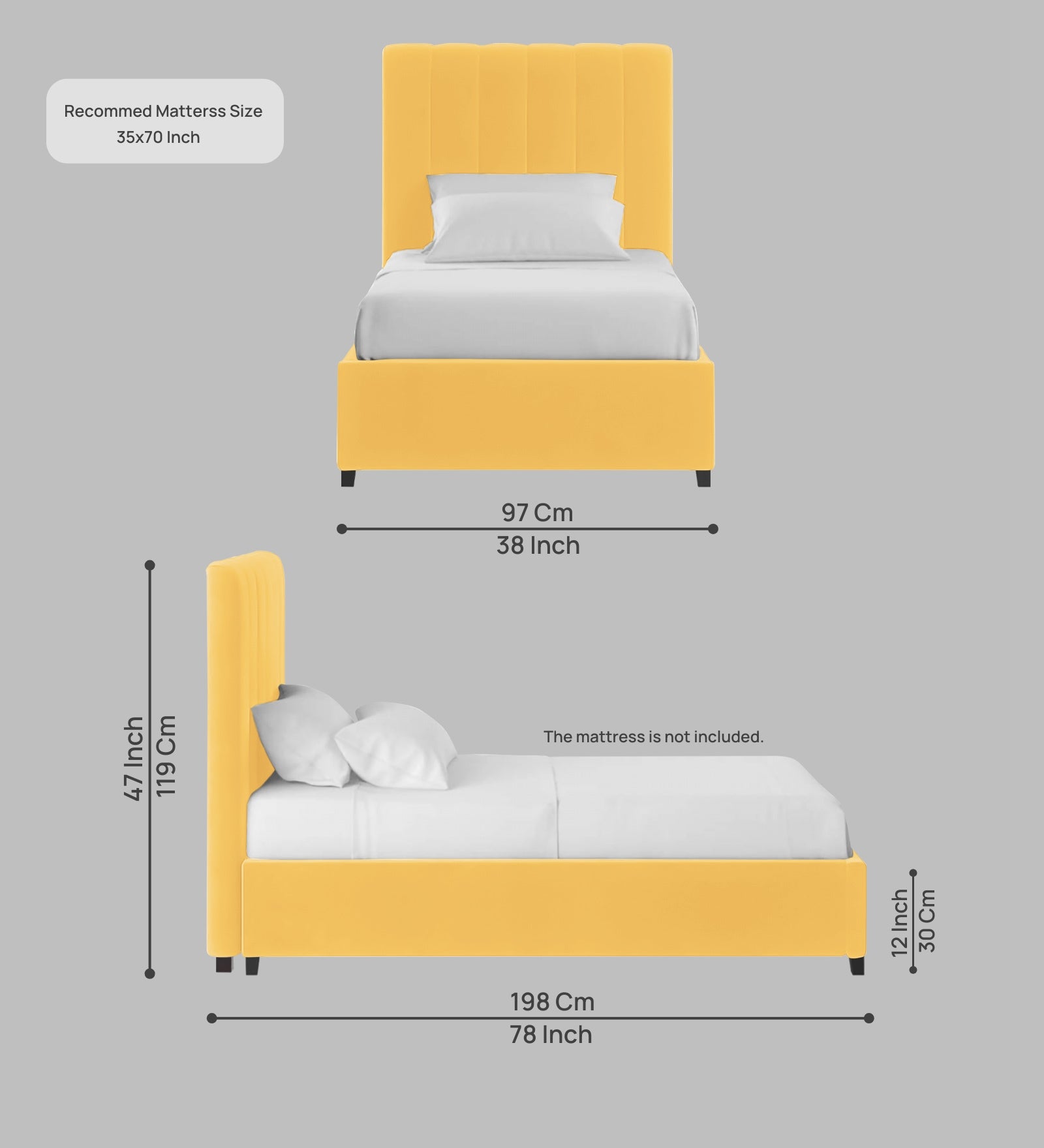 Lara Velvet Upholstered Single Bed in Turmeric Yellow Colour