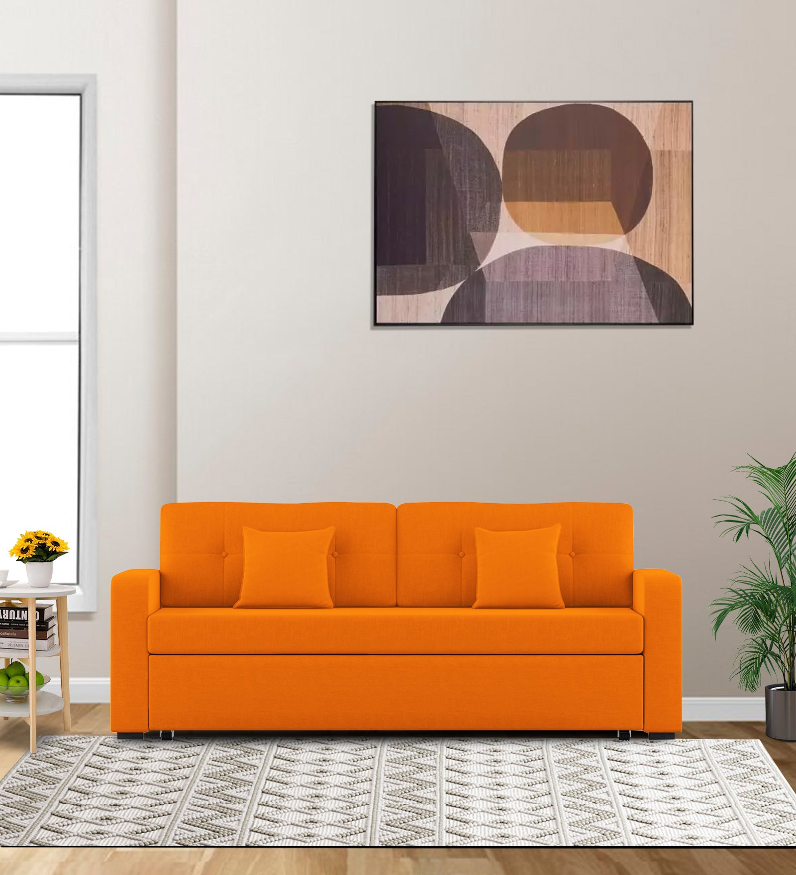 Rocky Fabric 3 Seater Pull Out Sofa Cum Bed In Vivid Orange Colour With Storage - Febonic Living