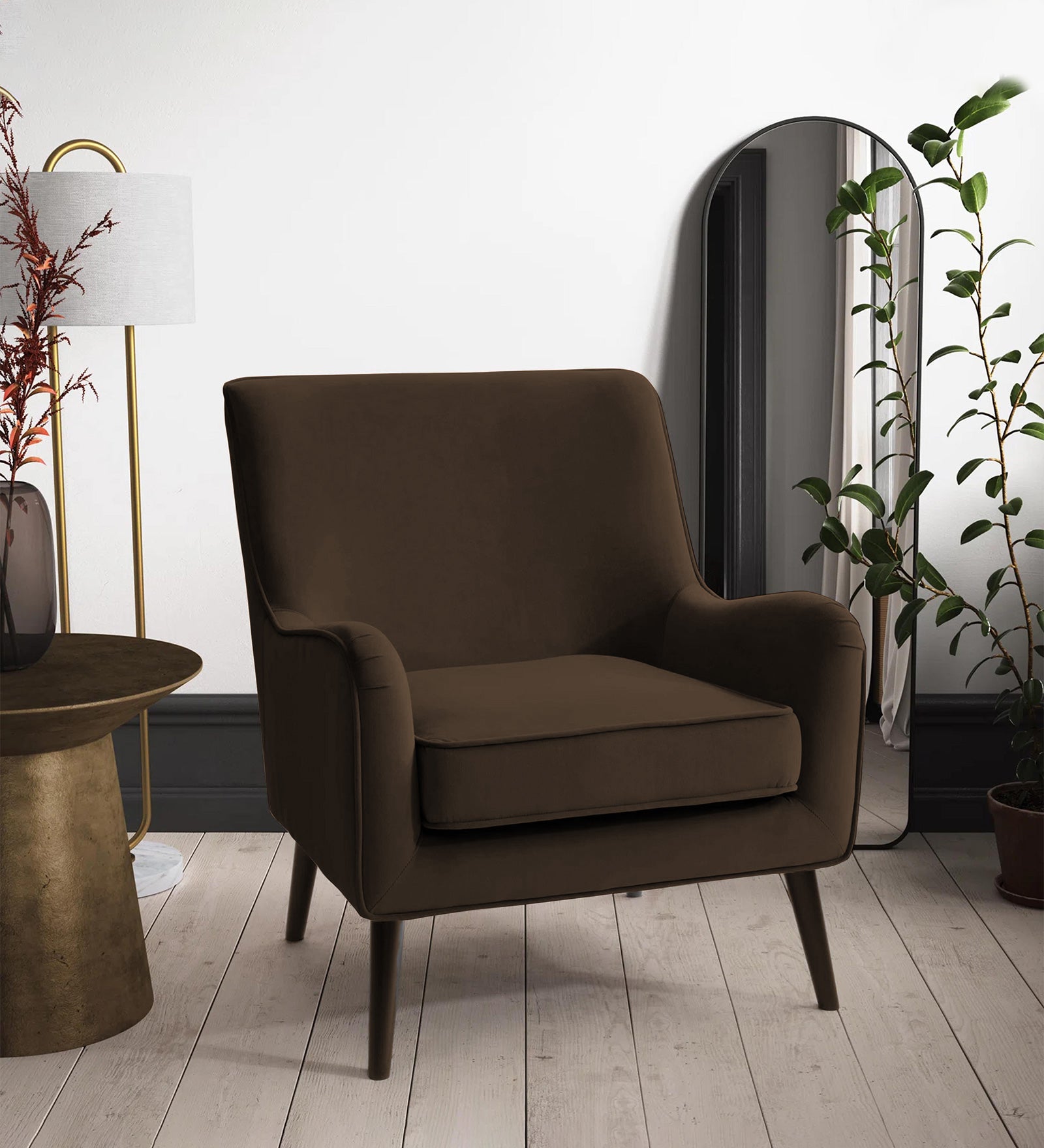 Ame Velvet Upholstered Arm Chair In Cholocate Brown Colour - Febonic Living