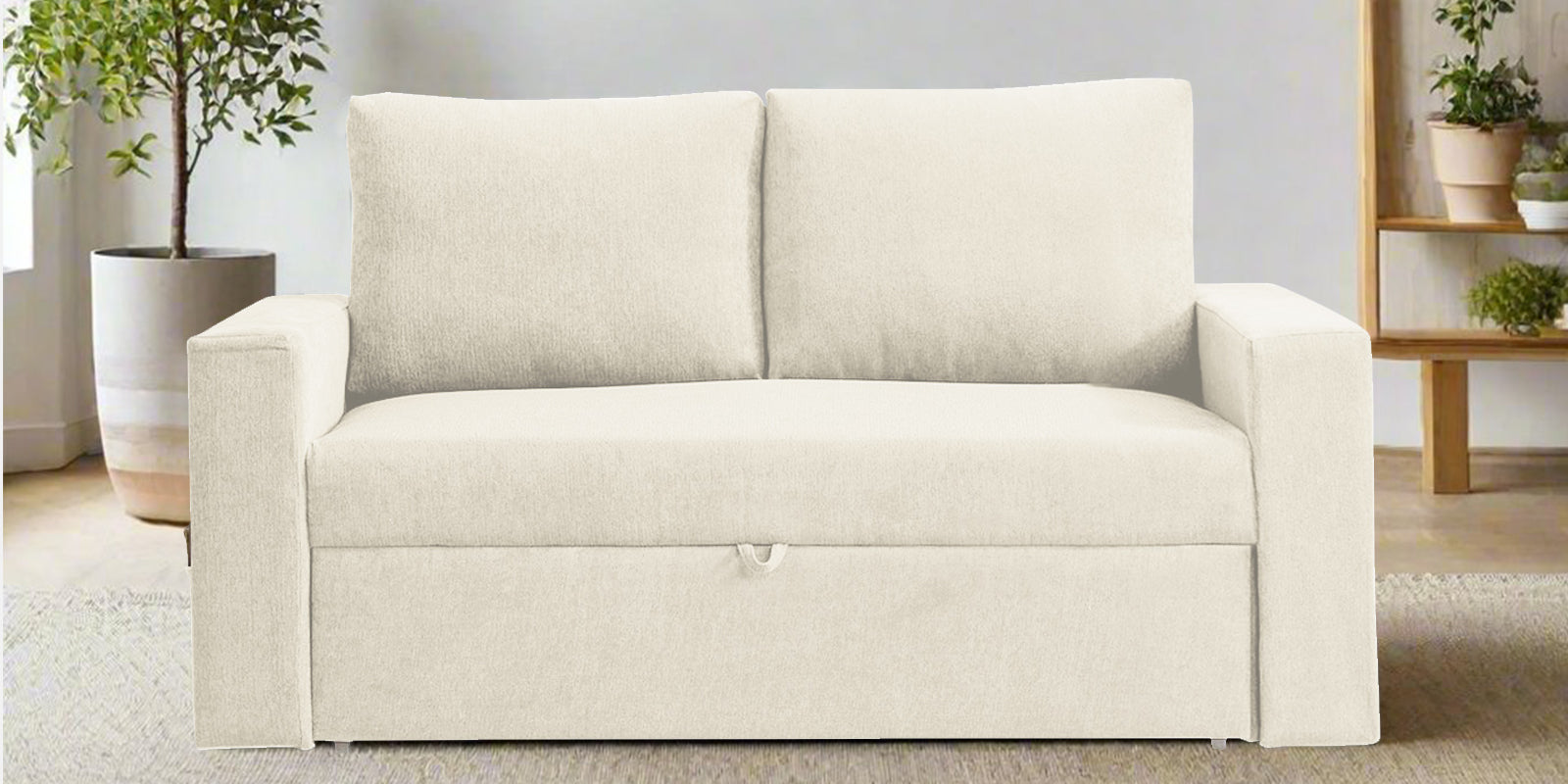 Kara Fabric 2 Seater Pull Out Sofa Cum Bed In Ivory Cream Colour - Febonic Living