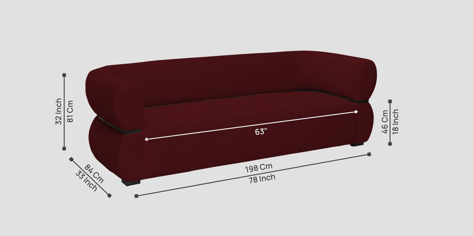 Kula Velvet 3 Seater Sofa In Dark Maroon Colour - Febonic Living