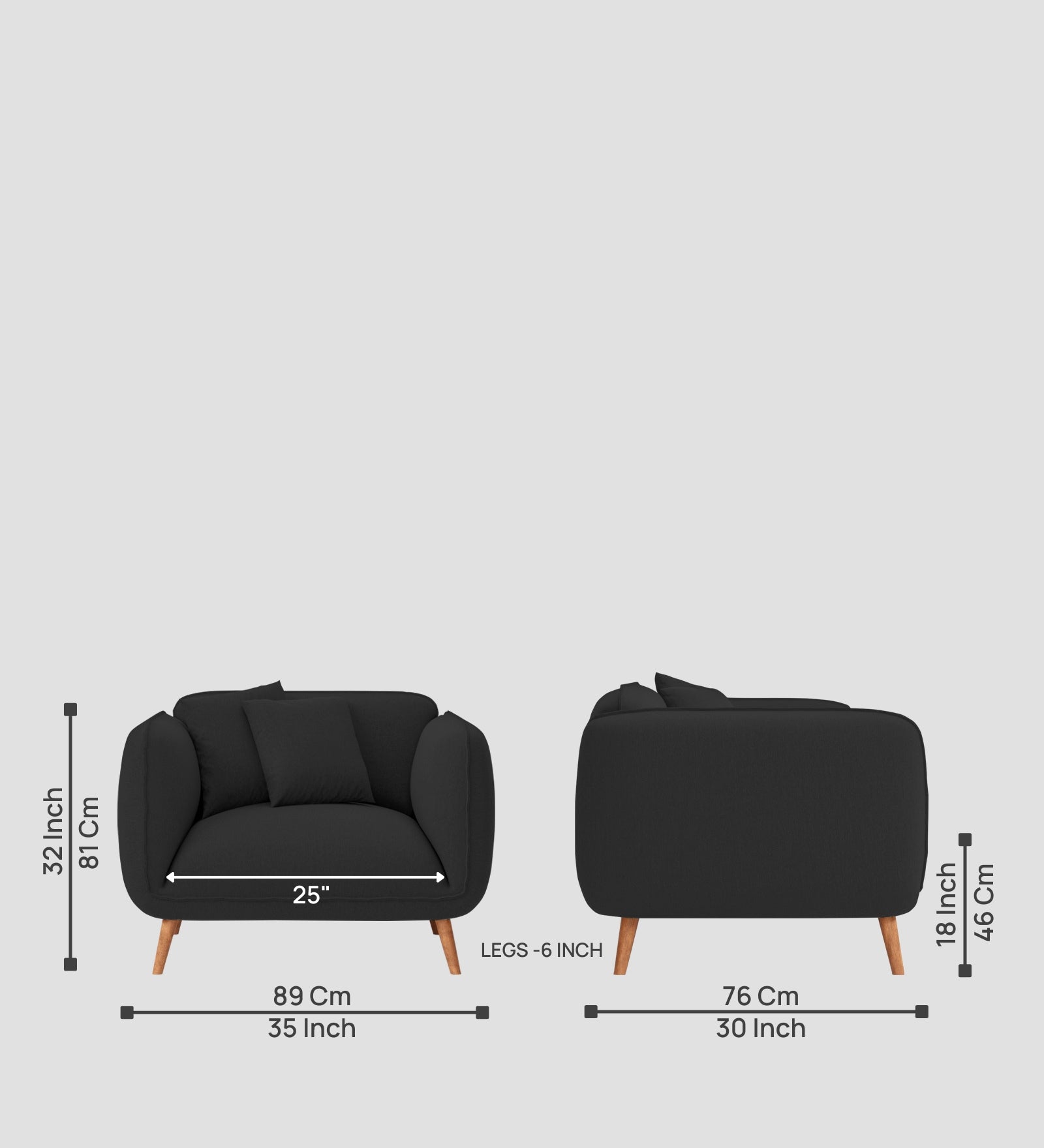 Zia Fabric 1 Seater Sofa In Bitter Black Colour - Febonic Living