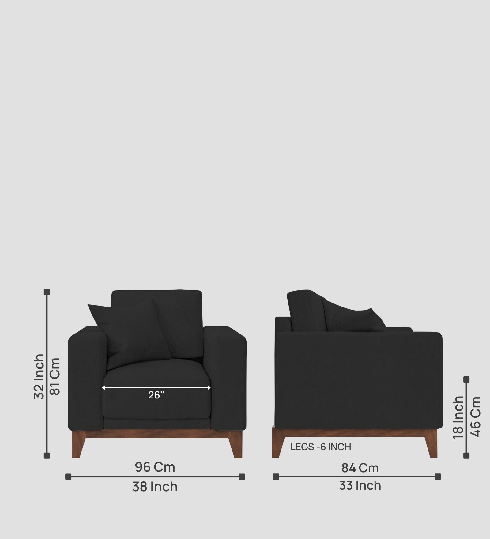 Luca Fabric 1 Seater Sofa In Bitter Black Colour - Febonic Living