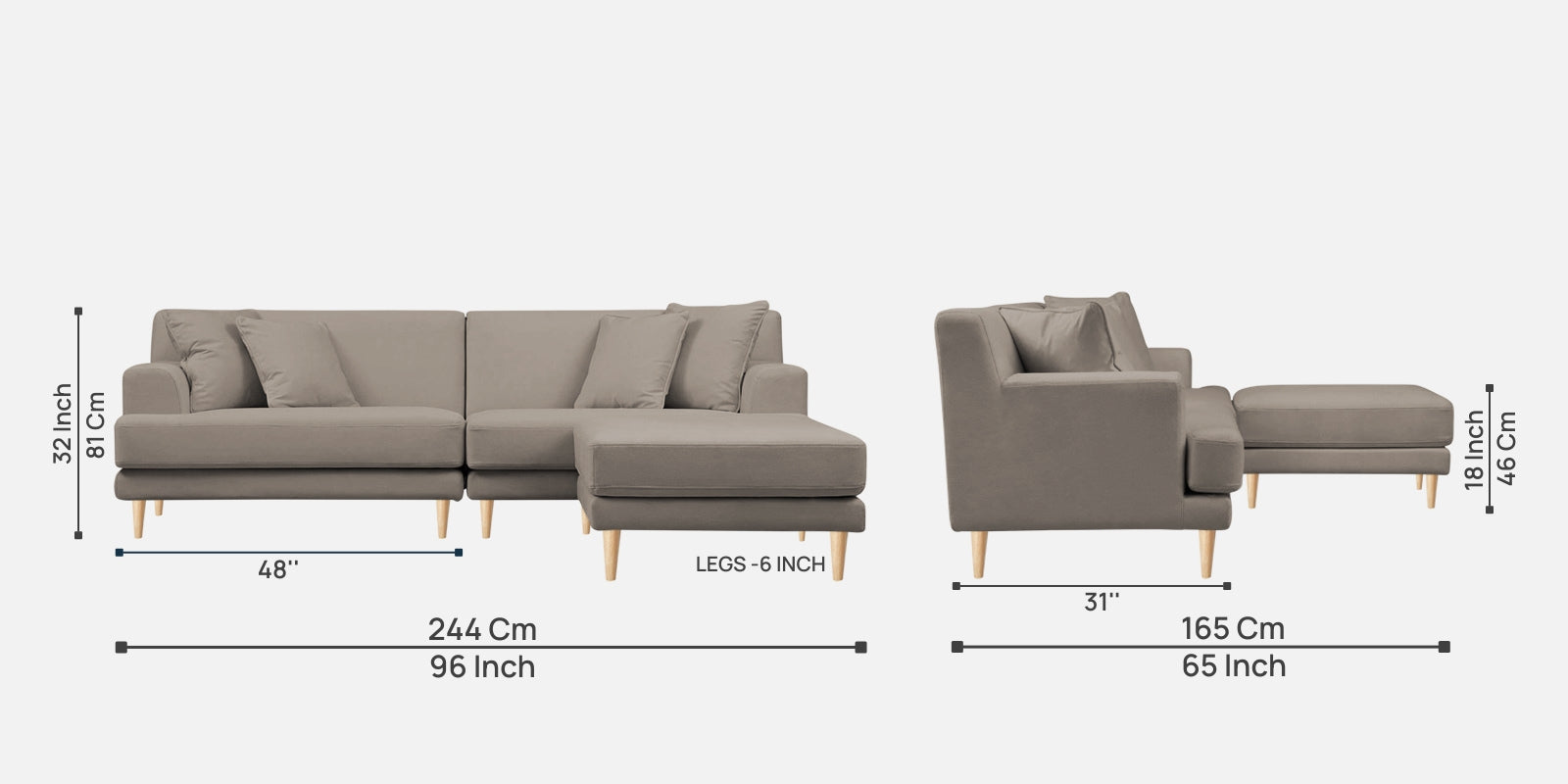 Woody Fabric LHS Sectional Sofa (3+Lounger) In Oat Beige Colour - Febonic Living