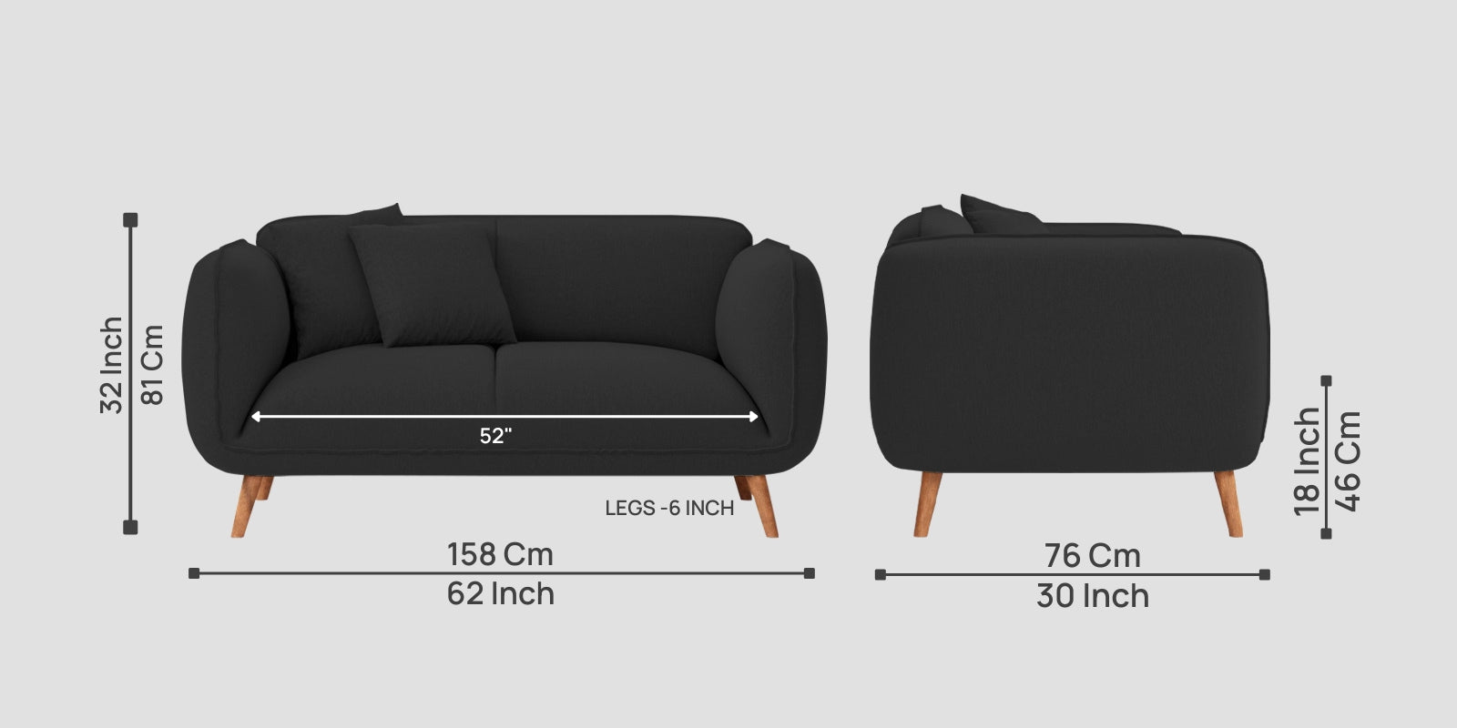Zia Fabric 2 Seater Sofa In Bitter Black Colour - Febonic Living