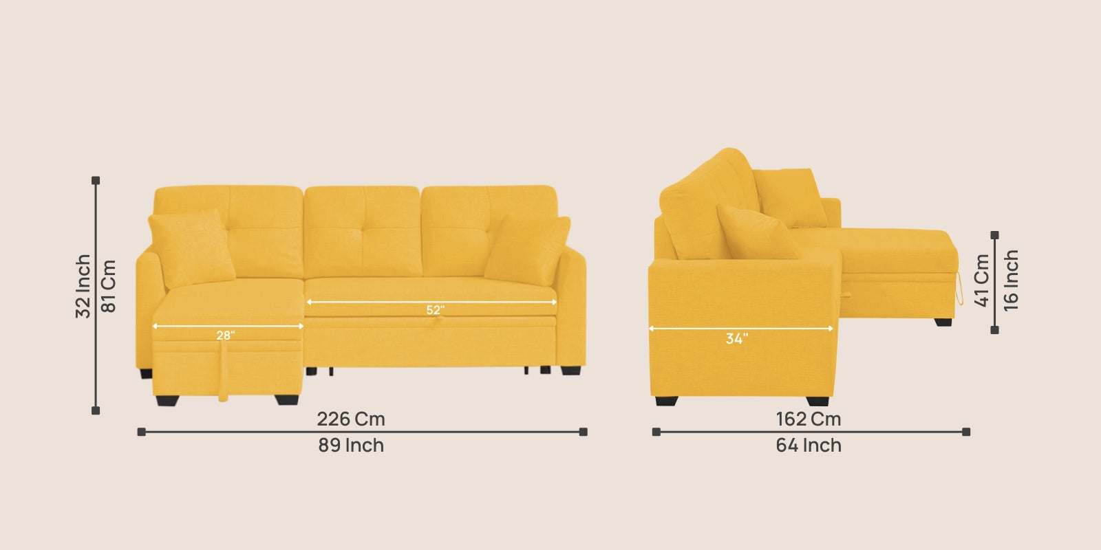 Jody Fabric 3 Seater Pull Out Sofa Cum Bed In Bold Yellow Colour With Storage - Febonic Living