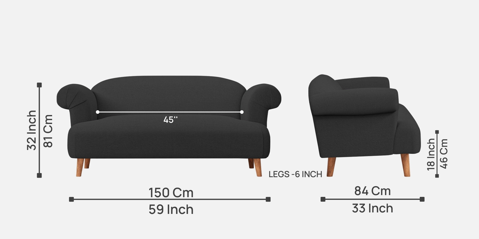 Barber Fabric 2 Seater Sofa In Bitter Black Colour - Febonic Living