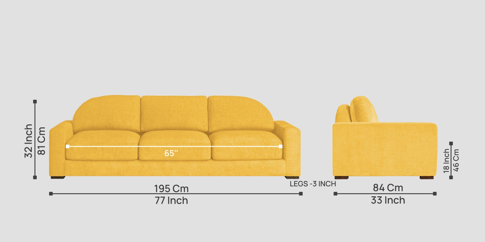 Dara Fabric 3 Seater Sofa In Bold Yellow Colour