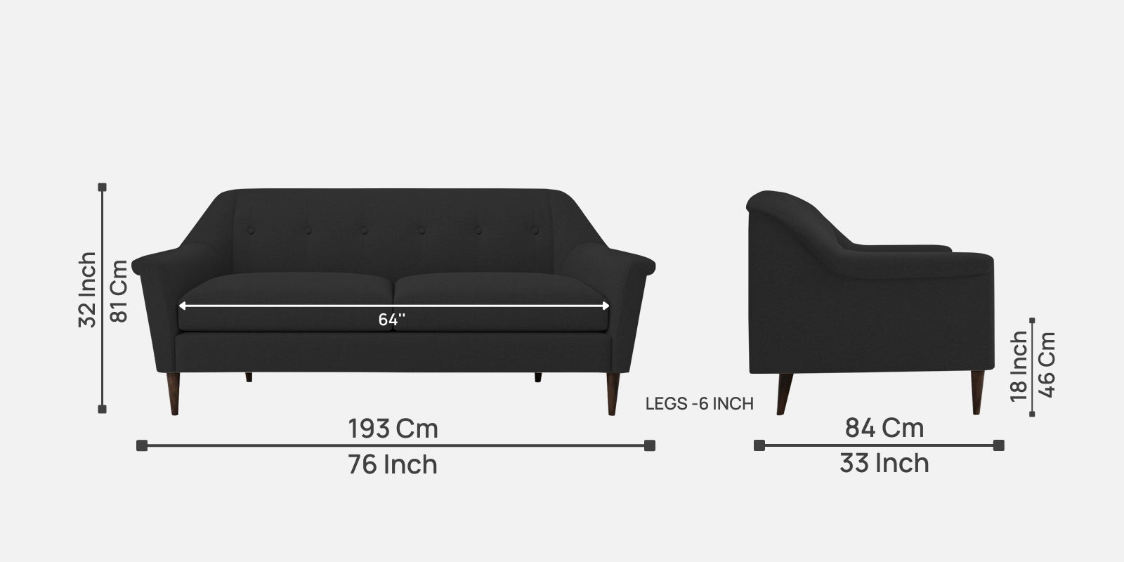 Homer Fabric 3 Seater Sofa In Bitter Black Colour - Febonic Living