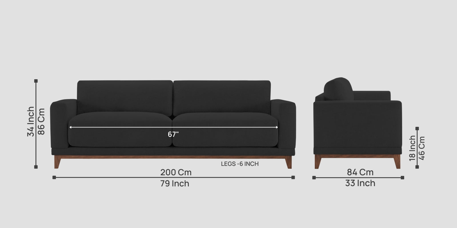 Esha Fabric 3 Seater Sofa In Bitter Black Colour - Febonic Living