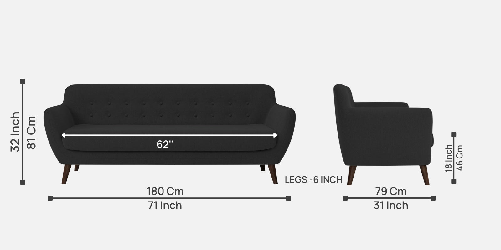 Goofy Fabric 3 Seater Sofa In Bitter Black Colour - Febonic Living