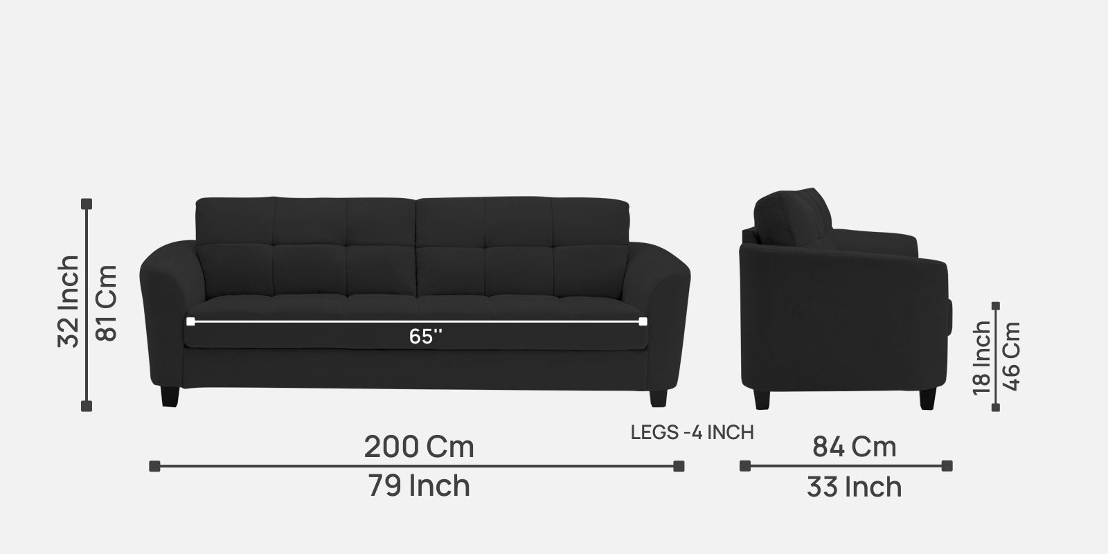 Mulan Fabric 3 Seater Sofa In Bitter Black Colour - Febonic Living