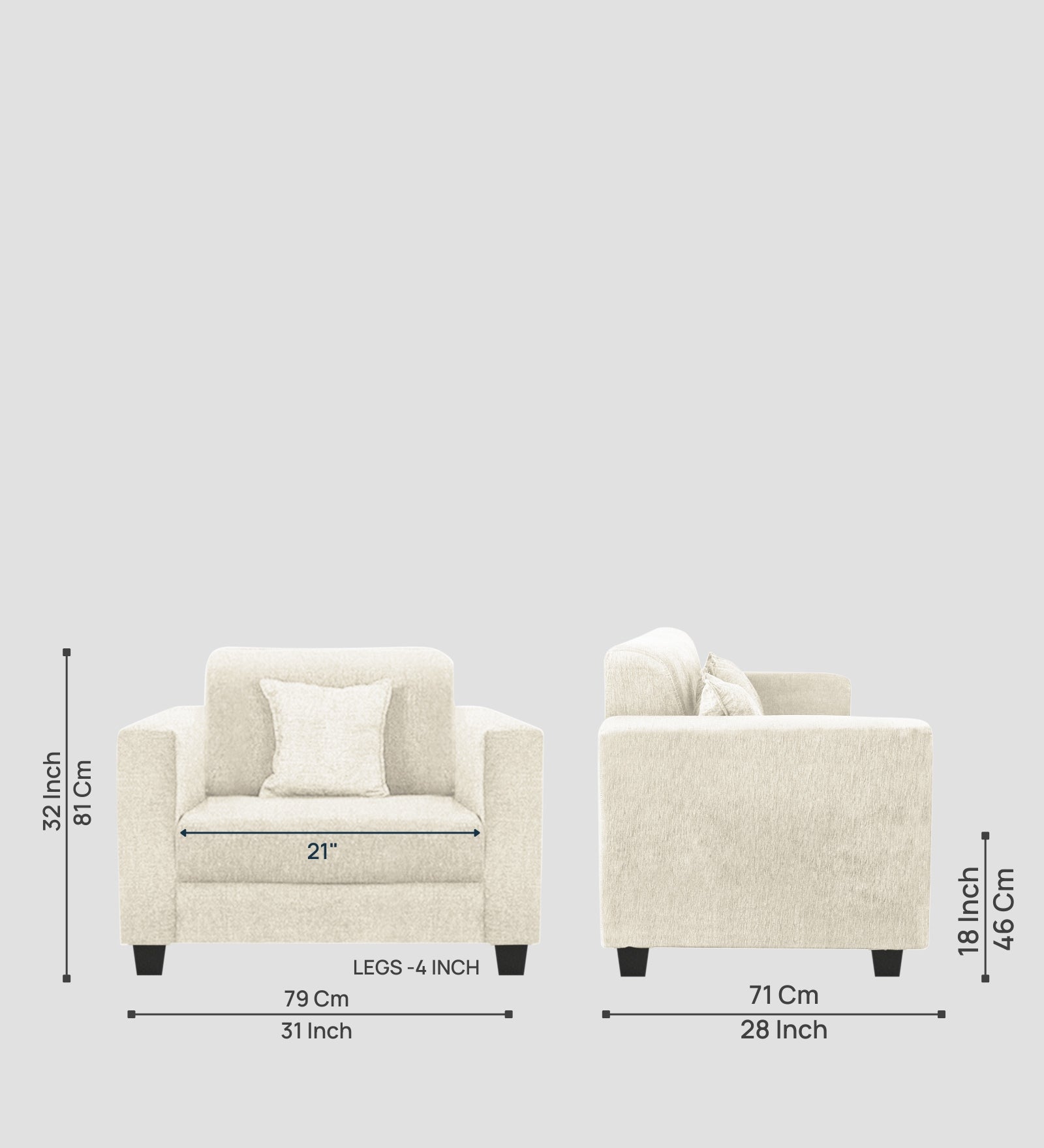 Nebula Fabric 1 Seater Sofa In Ivory Cream Colour - Febonic Living