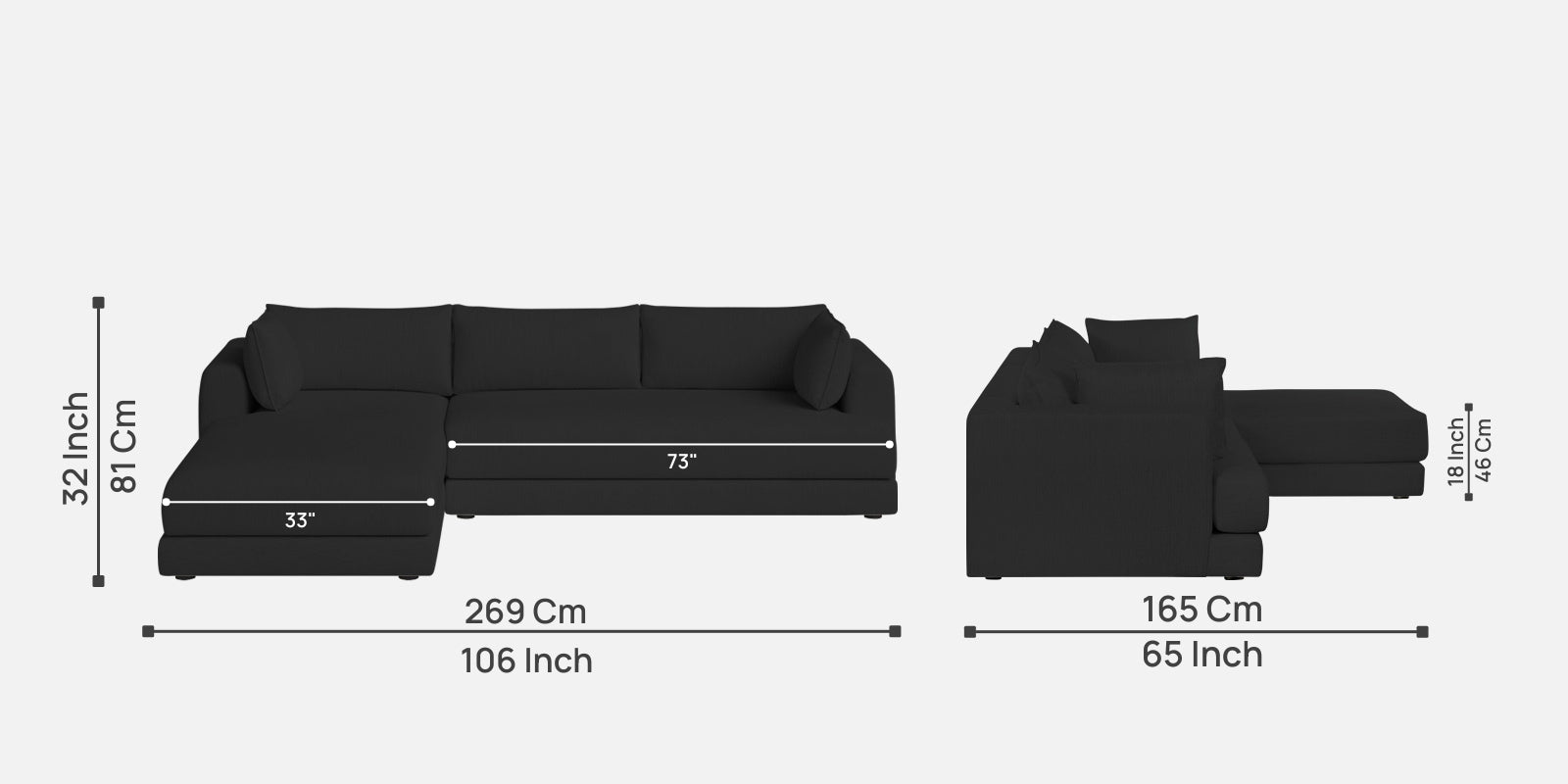 Ziggy Fabric RHS Sectional Sofa (3+Lounger) In Bitter Black Colour - Febonic Living