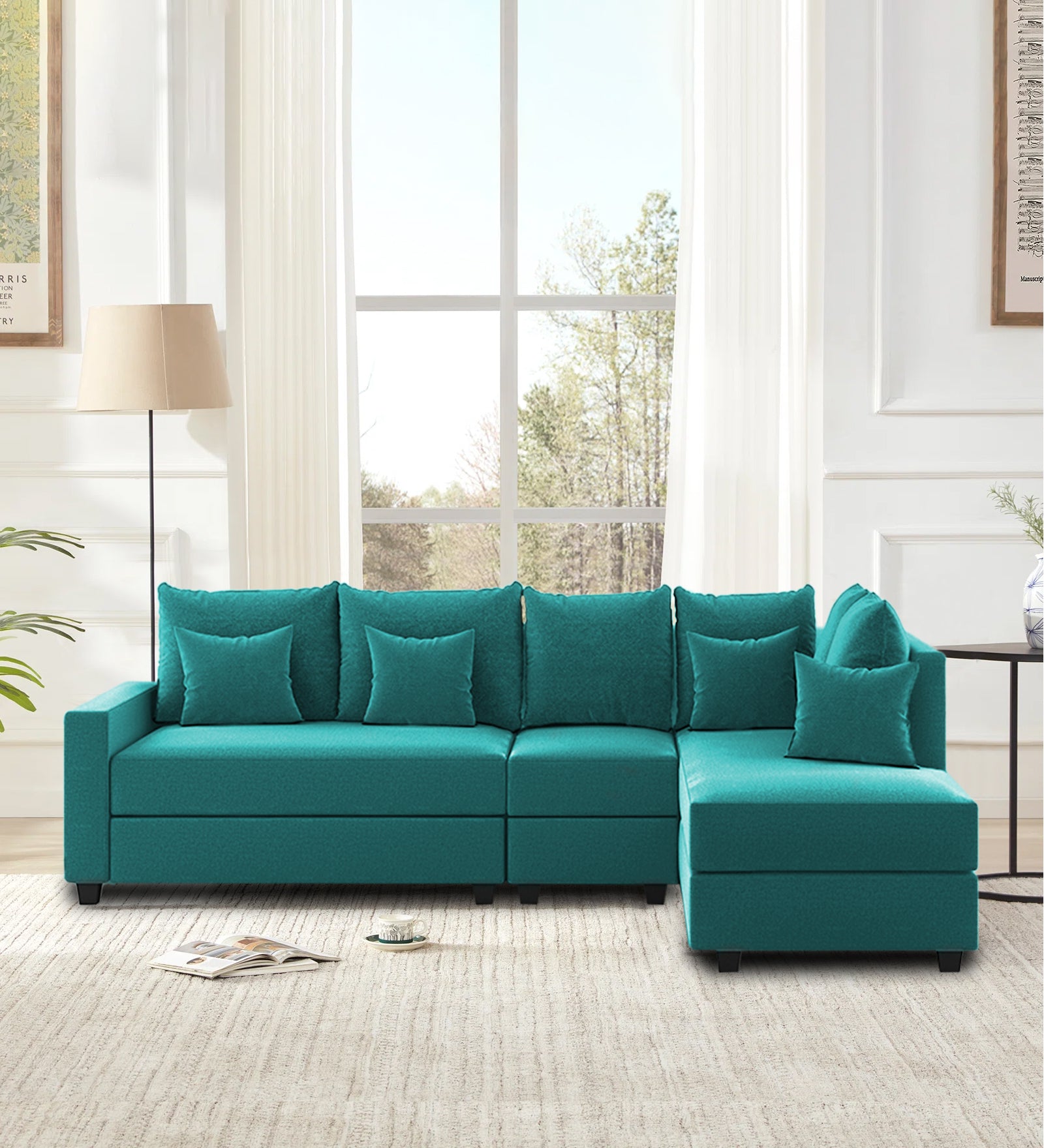 Ginny Fabric LHS Sectional Sofa (3+Lounger) In Sea Green Colour - Febonic Living