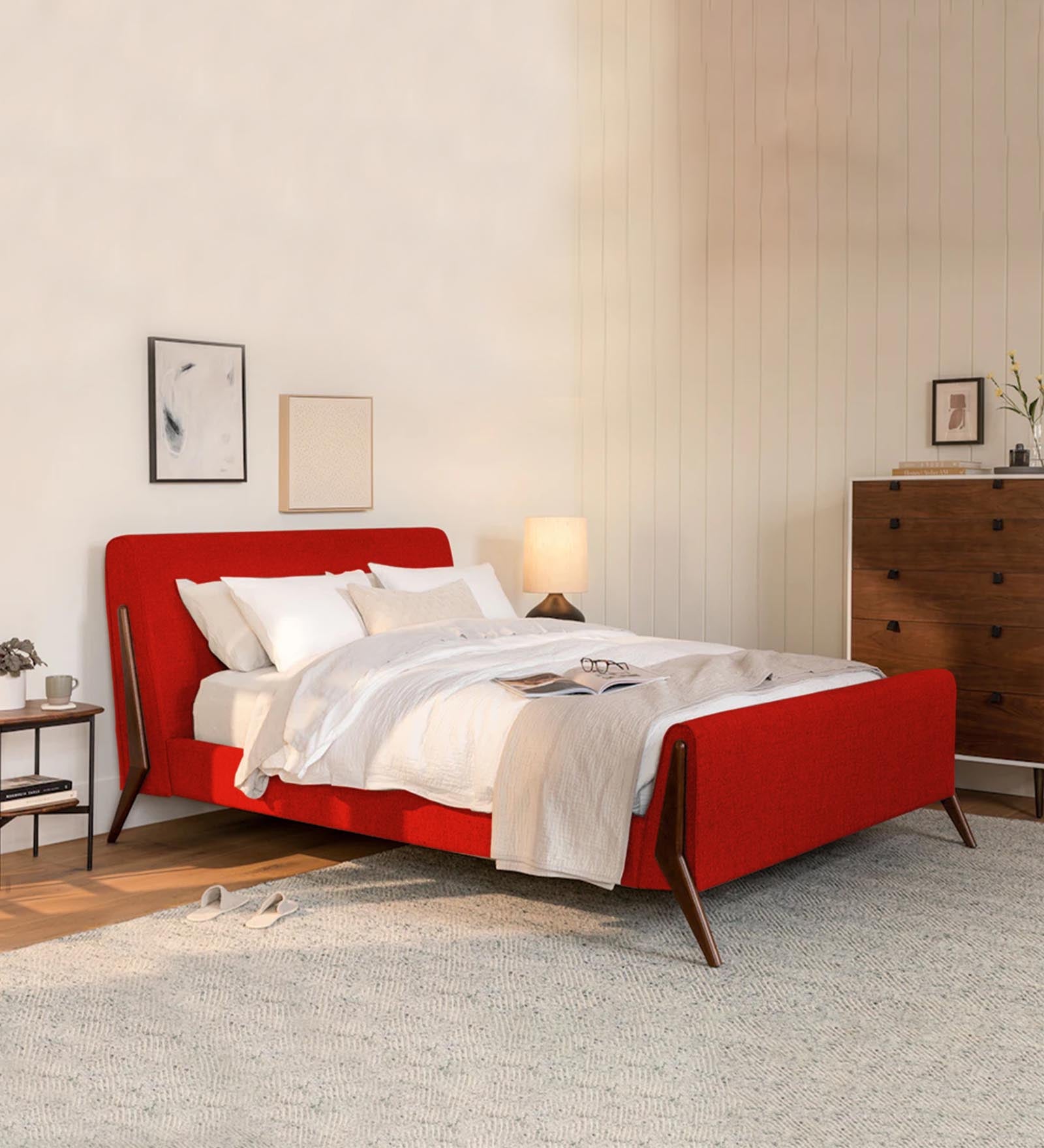 Catla Fabric Queen Size Bed In Ruby Red Colour - Febonic Living