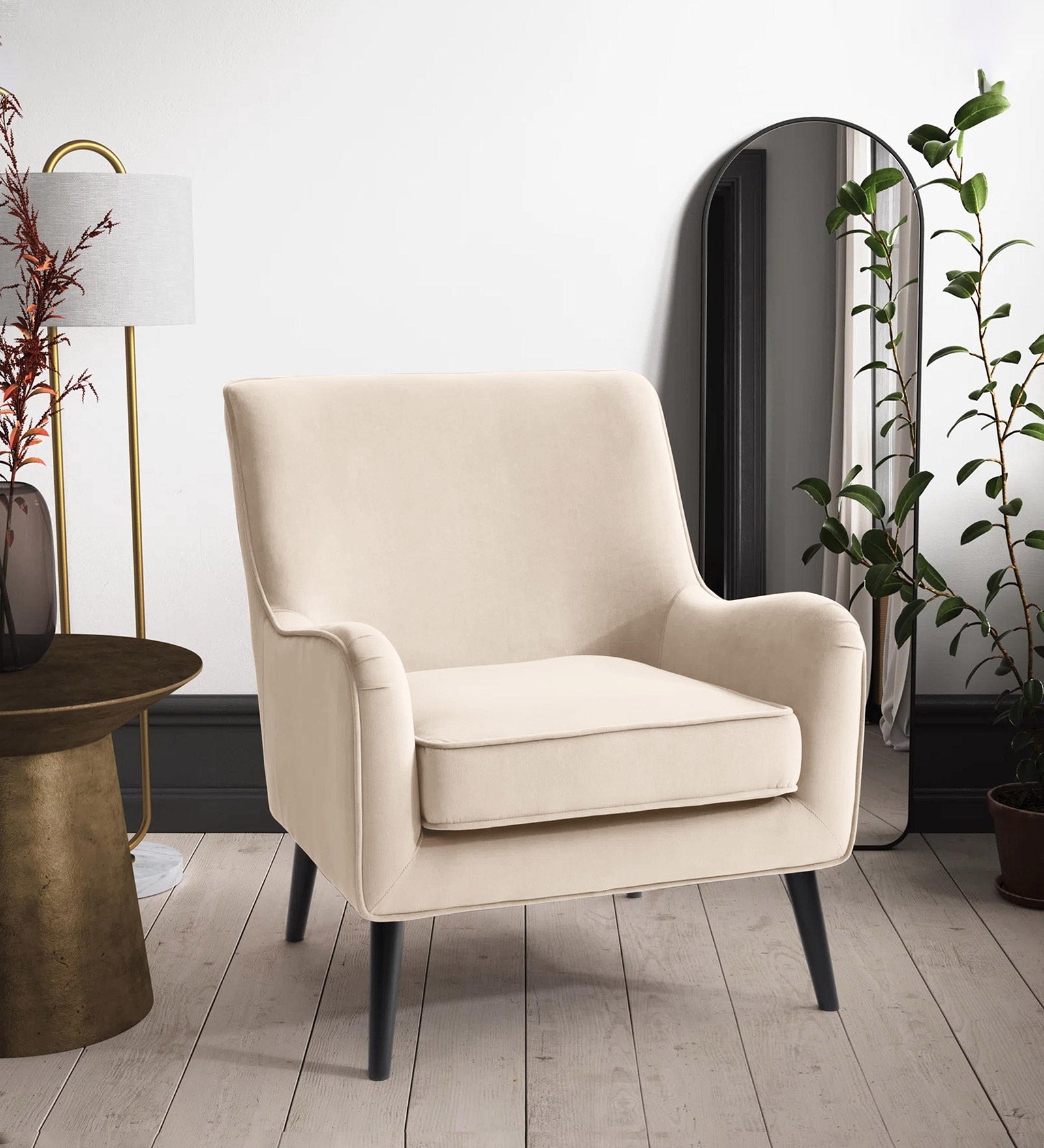 Ame Velvet Upholstered Arm Chair In camel beige Colour - Febonic Living