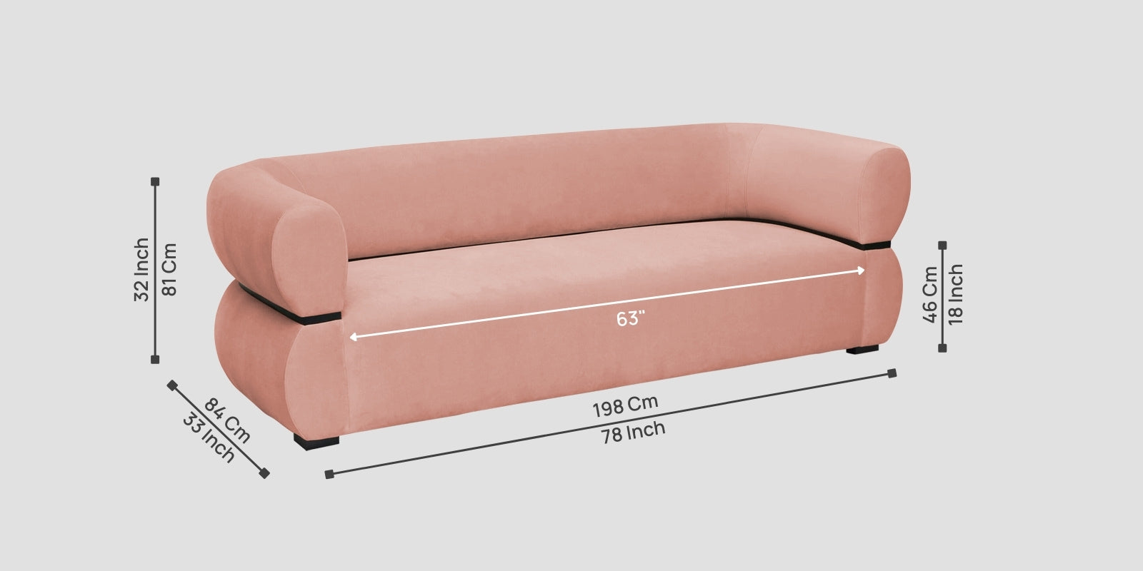 Kula Velvet 3 Seater Sofa In Blush Pink Colour - Febonic Living