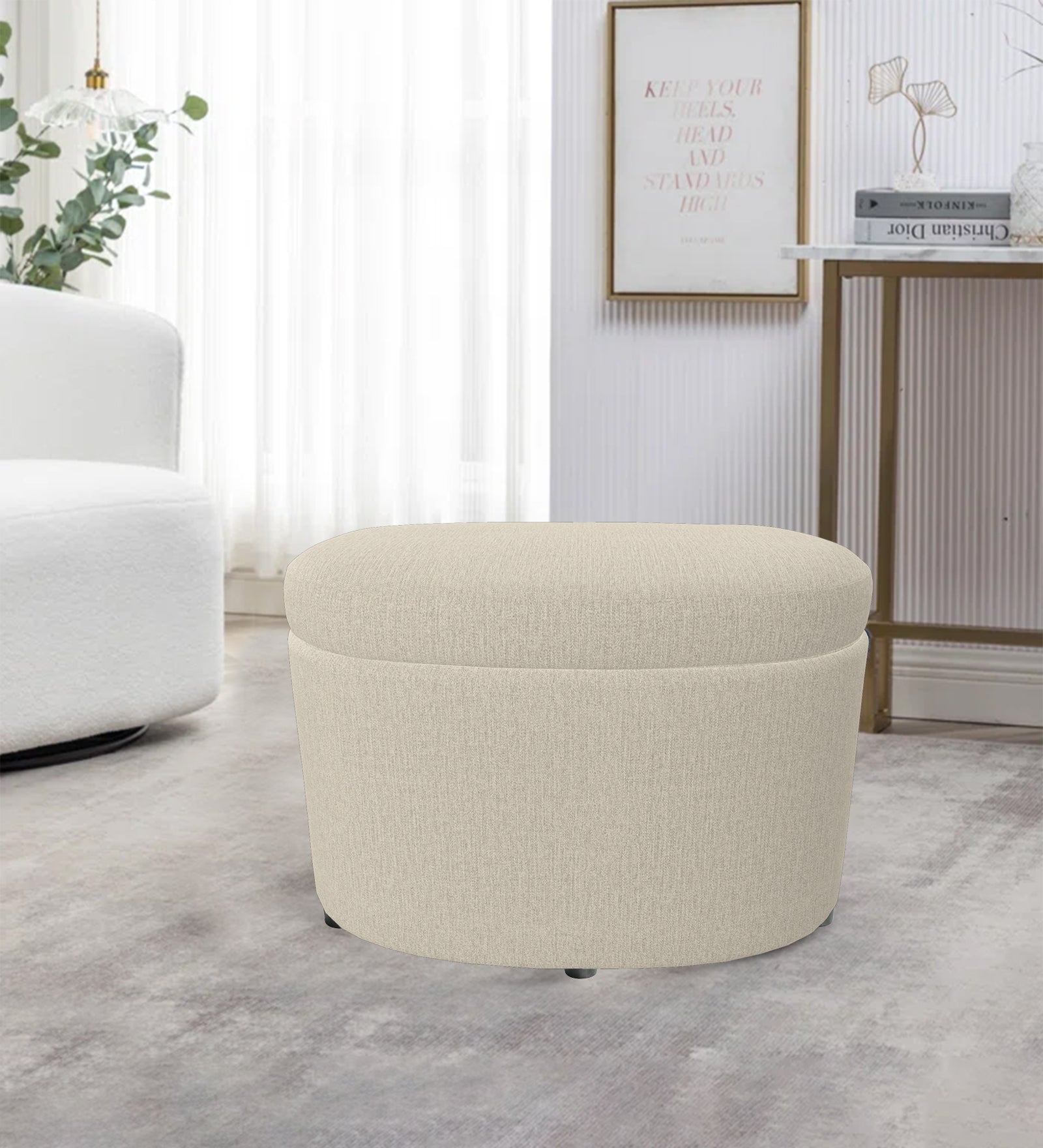 Ruggy Fabric Storage Ottoman in Ivory Cream Colour - Febonic Living