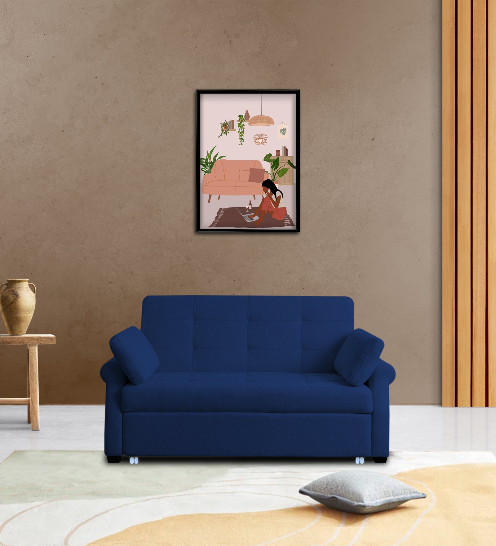 Fornia Fabric 3 Seater Pull Out Sofa Cum Bed In Royal Blue Colour - Febonic Living