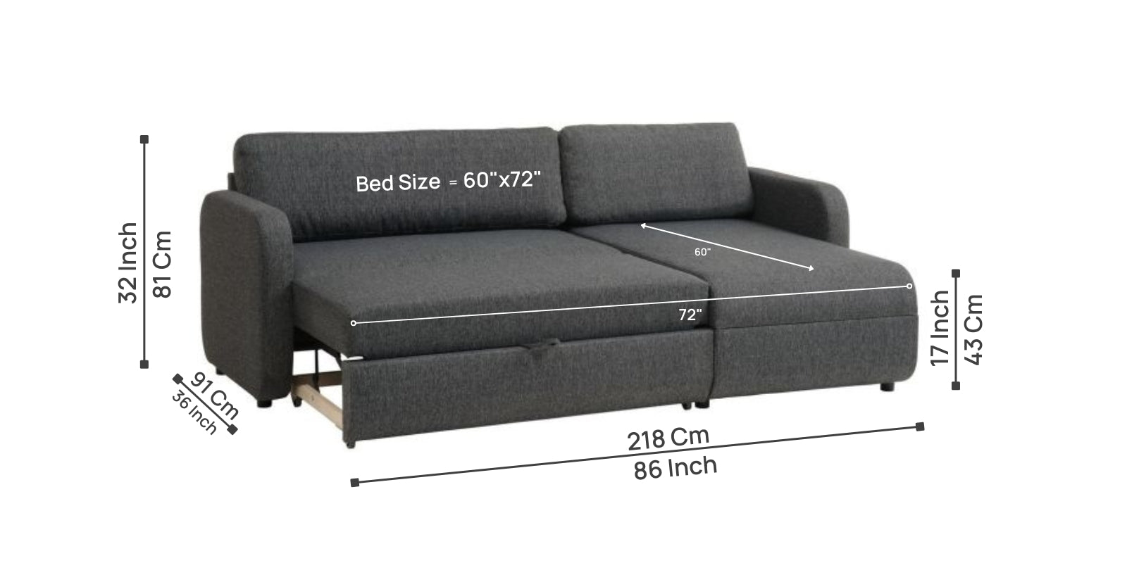 Bison Fabric 3 Seater Sectional With Pull Out Sofa Cum Bed In Charcoal Grey Colour - Febonic Living