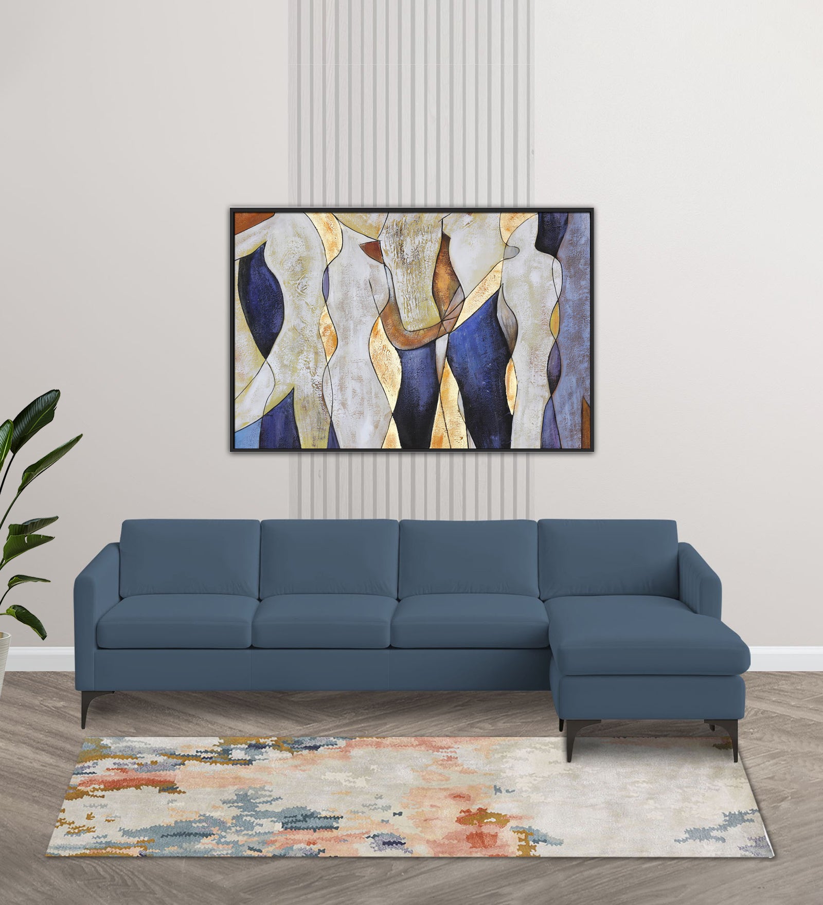 Haru Fabric LHS Sectional Sofa (3+Lounger) In Oxford Blue Colour - Febonic Living