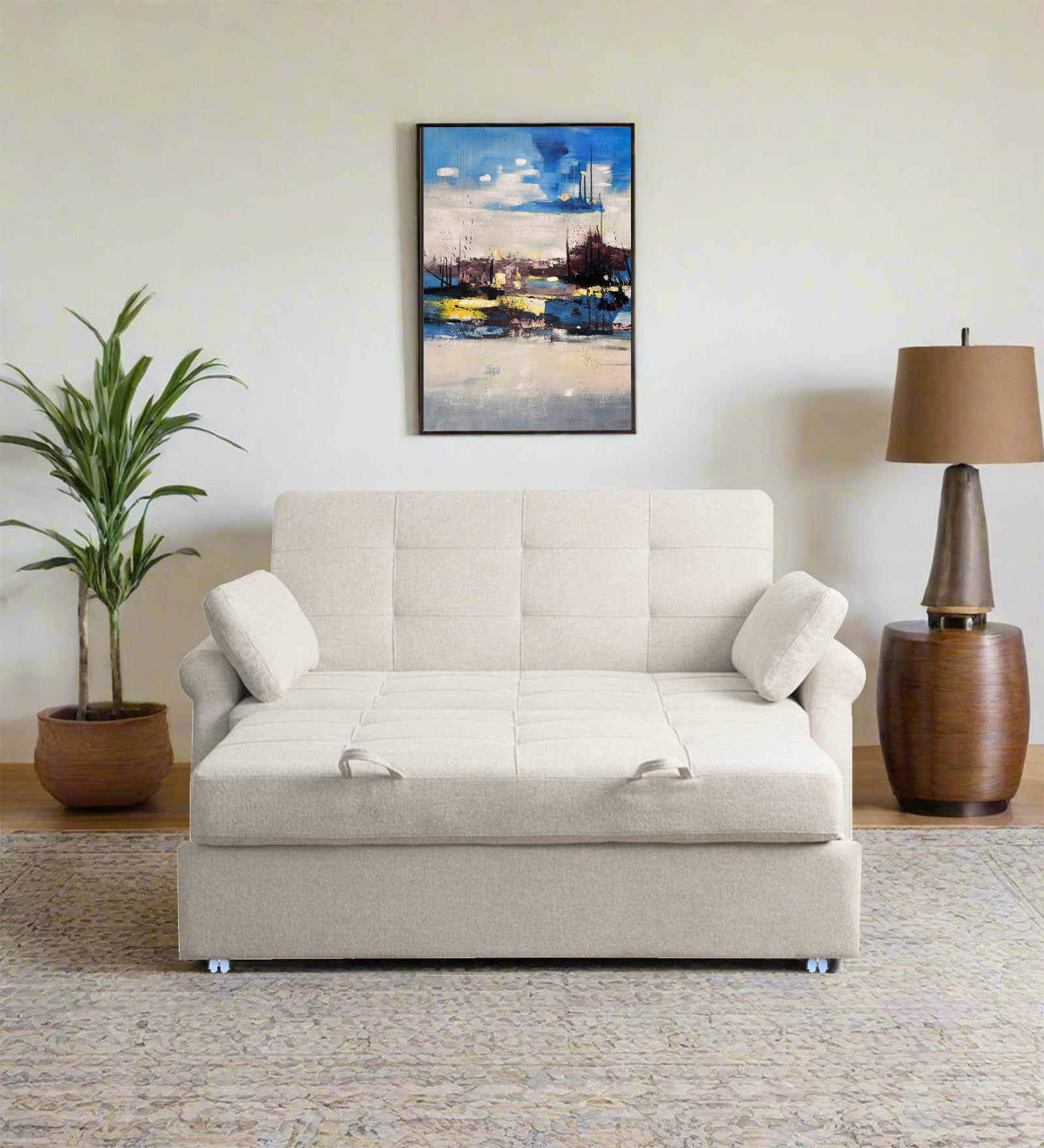 Fornia Fabric 2 Seater Pull Out Sofa Cum Bed In Ivory Cream Colour - Febonic Living