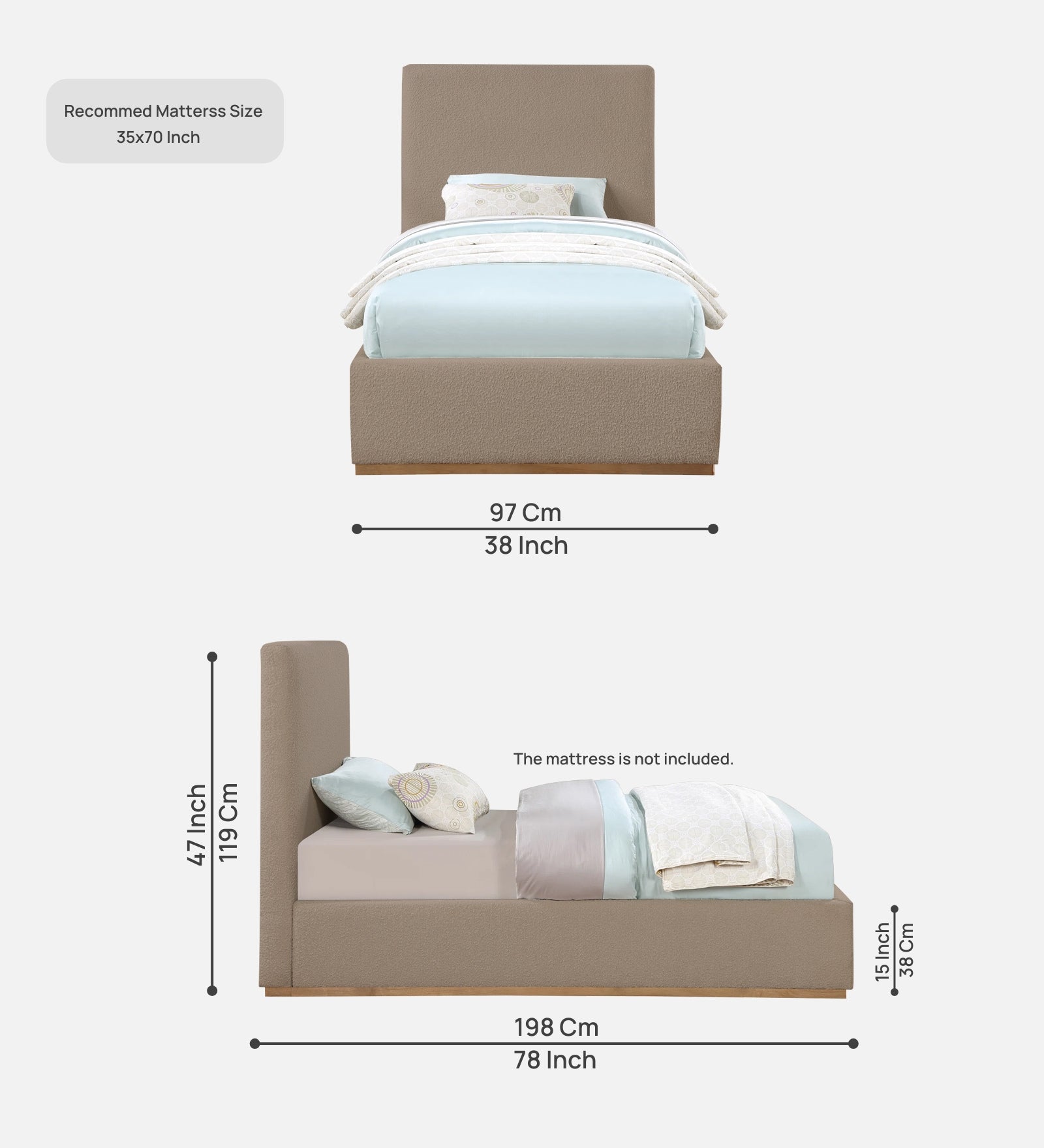 Eddy Boucle Fabric Single Bed in Mushroom Beige - Febonic Living