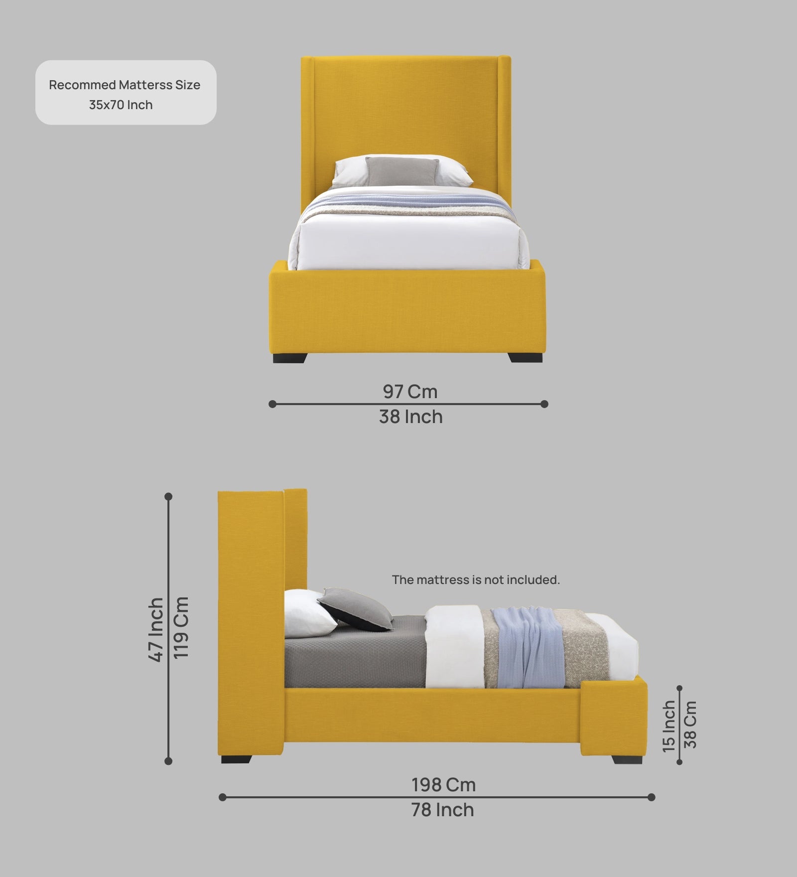 Kirby Fabric Upholstered Single Bed in Bold Yellow Colour - Febonic Living