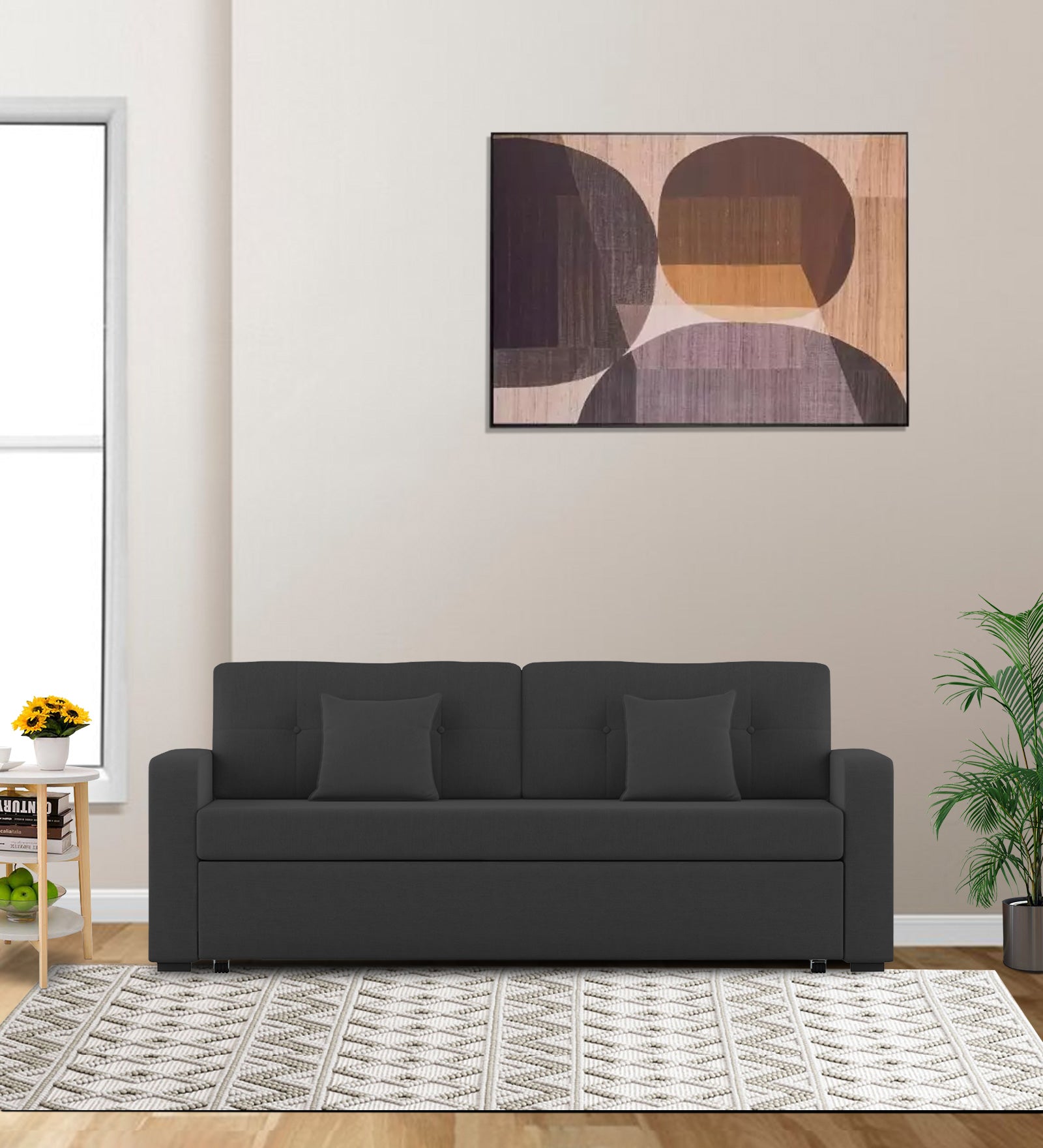 Rocky Fabric 3 Seater Pull Out Sofa Cum Bed In Charcoal Grey Colour With Storage - Febonic Living