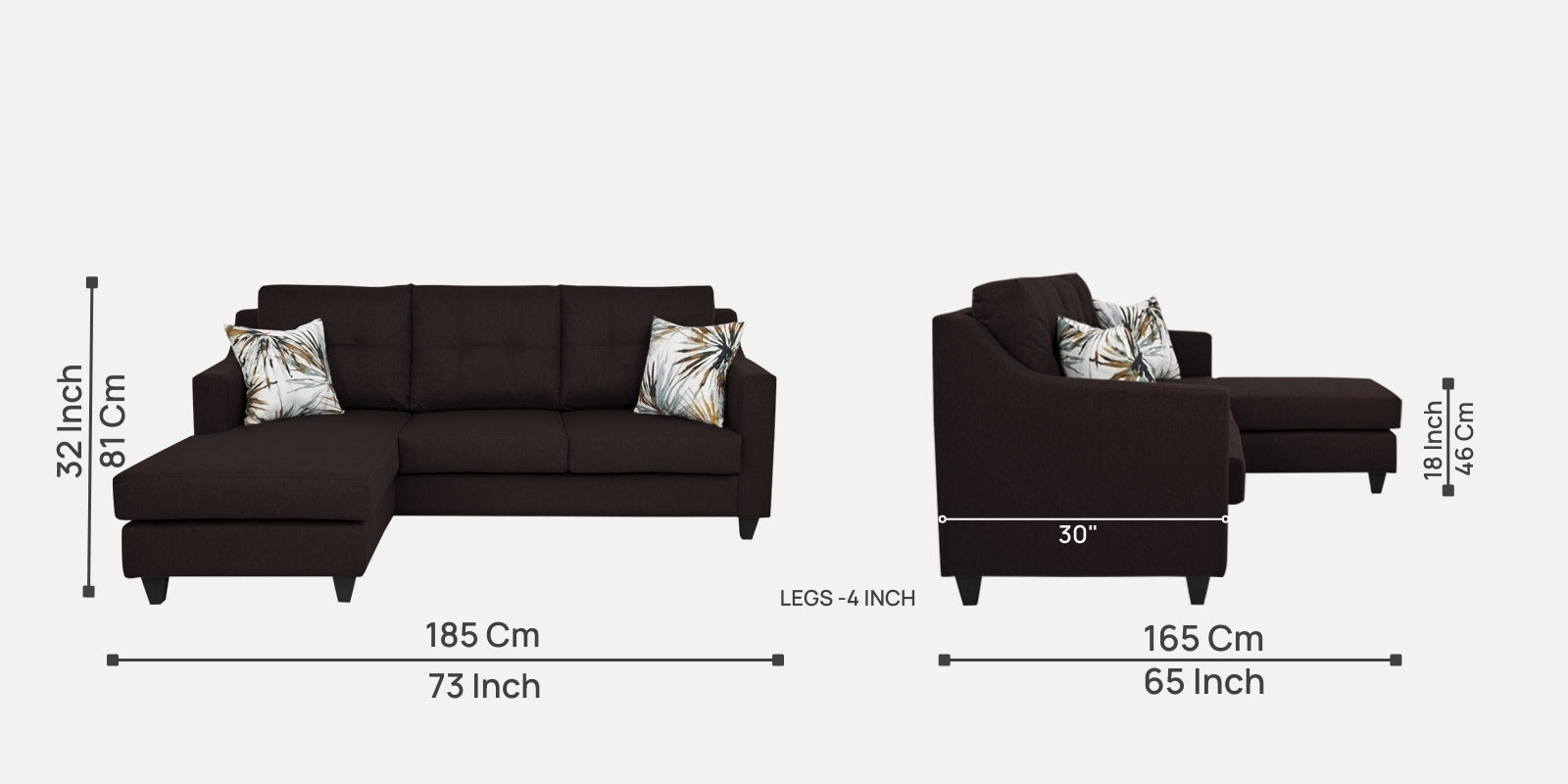 Welly Fabric RHS Sectional Sofa (2+Lounger) In Dark Brown Colour - Febonic Living