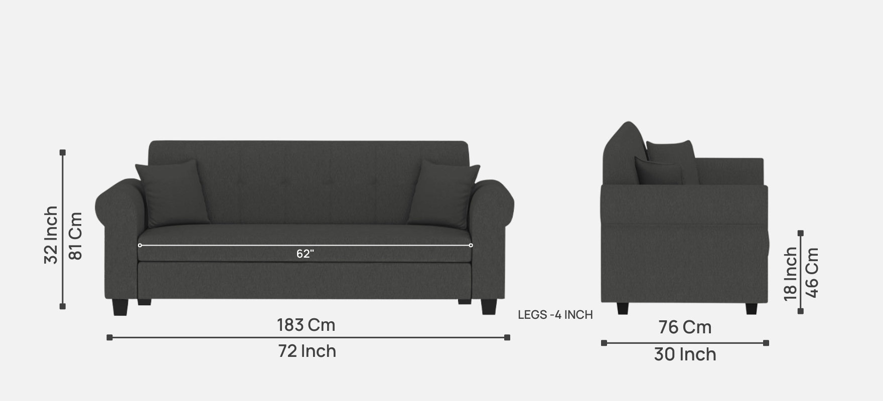 Derado Fabric 3 Seater Sofa In Charcoal Grey Colour - Febonic Living