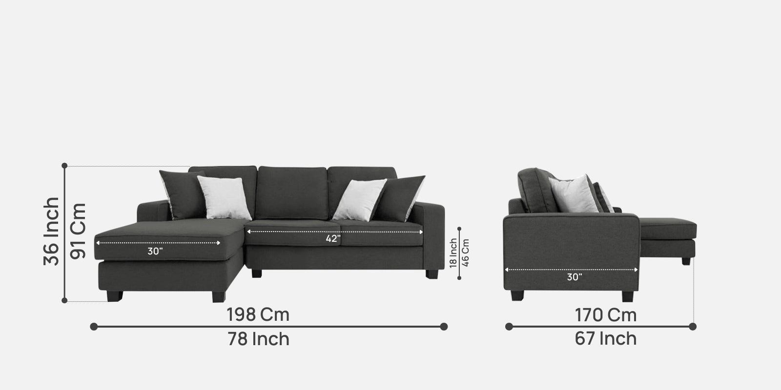 Ladybug Fabric RHS Sectional Sofa (2+Lounger) In Charcoal Grey Colour - Febonic Living