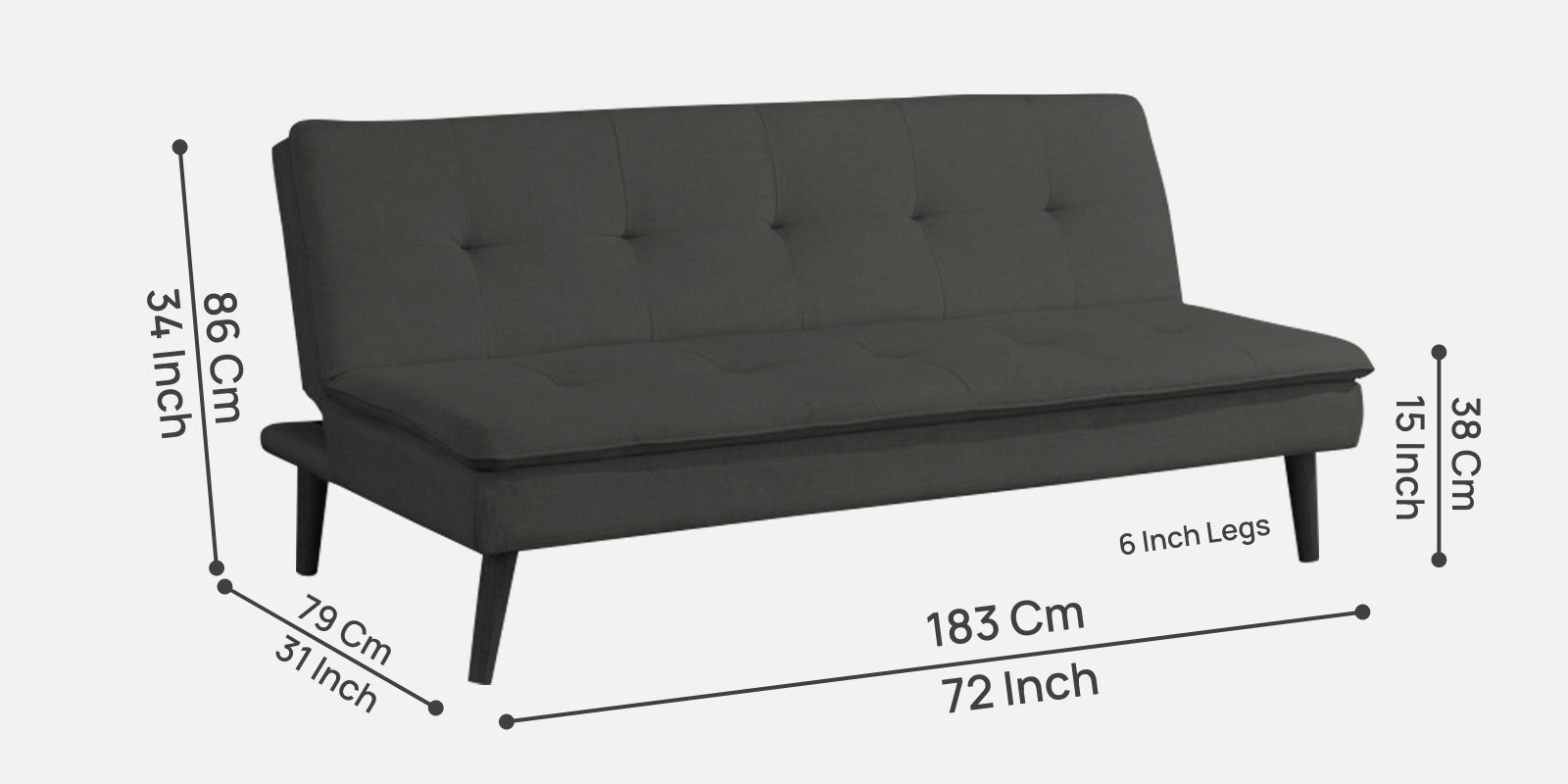Toner Fabric 3 Seater Convertible Sofa Cum Bed In Charcoal Grey Colour - Febonic Living