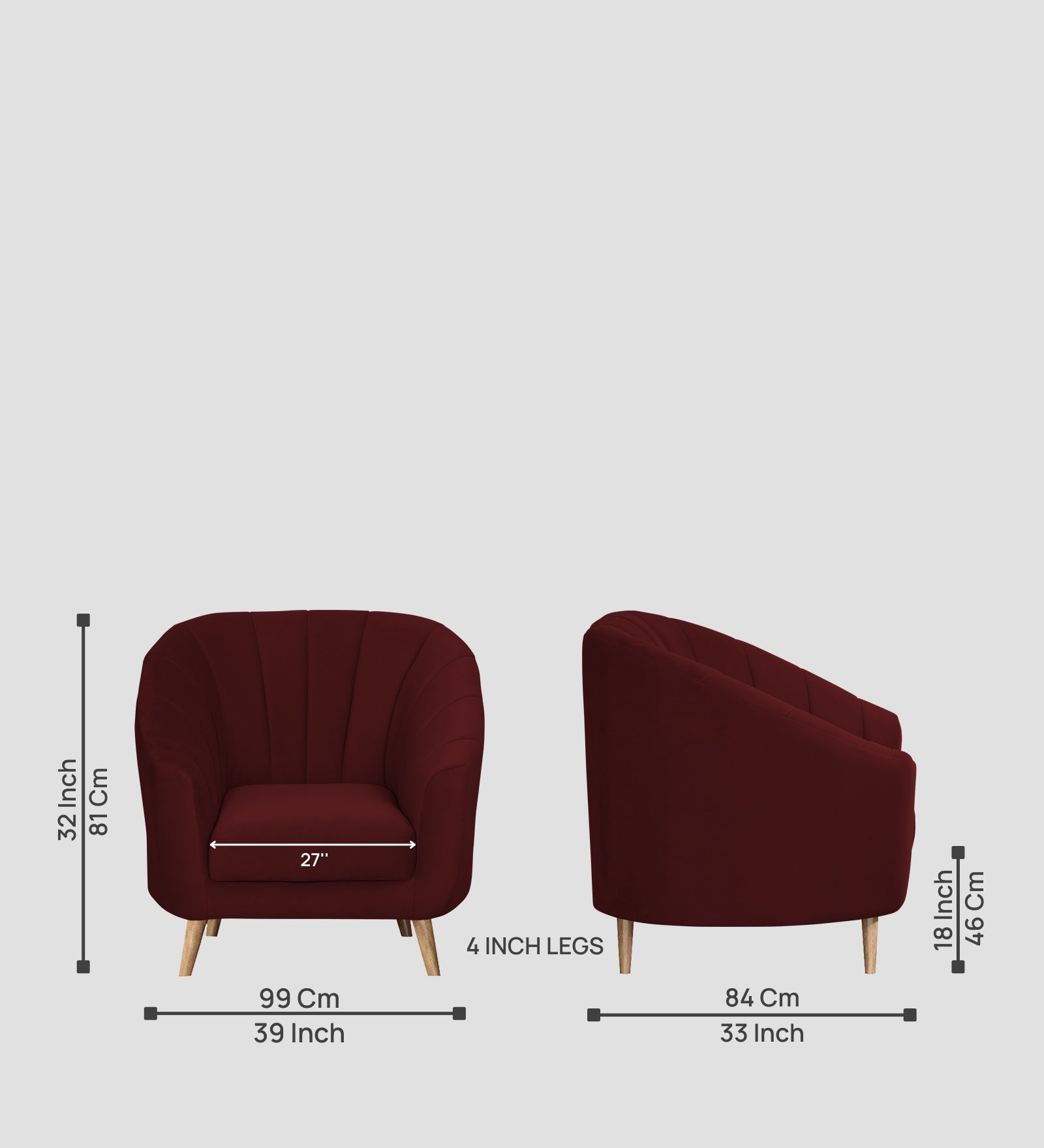 Kaylee Velvet 1 Seater Sofa In Blood Maroon Colour - Febonic Living