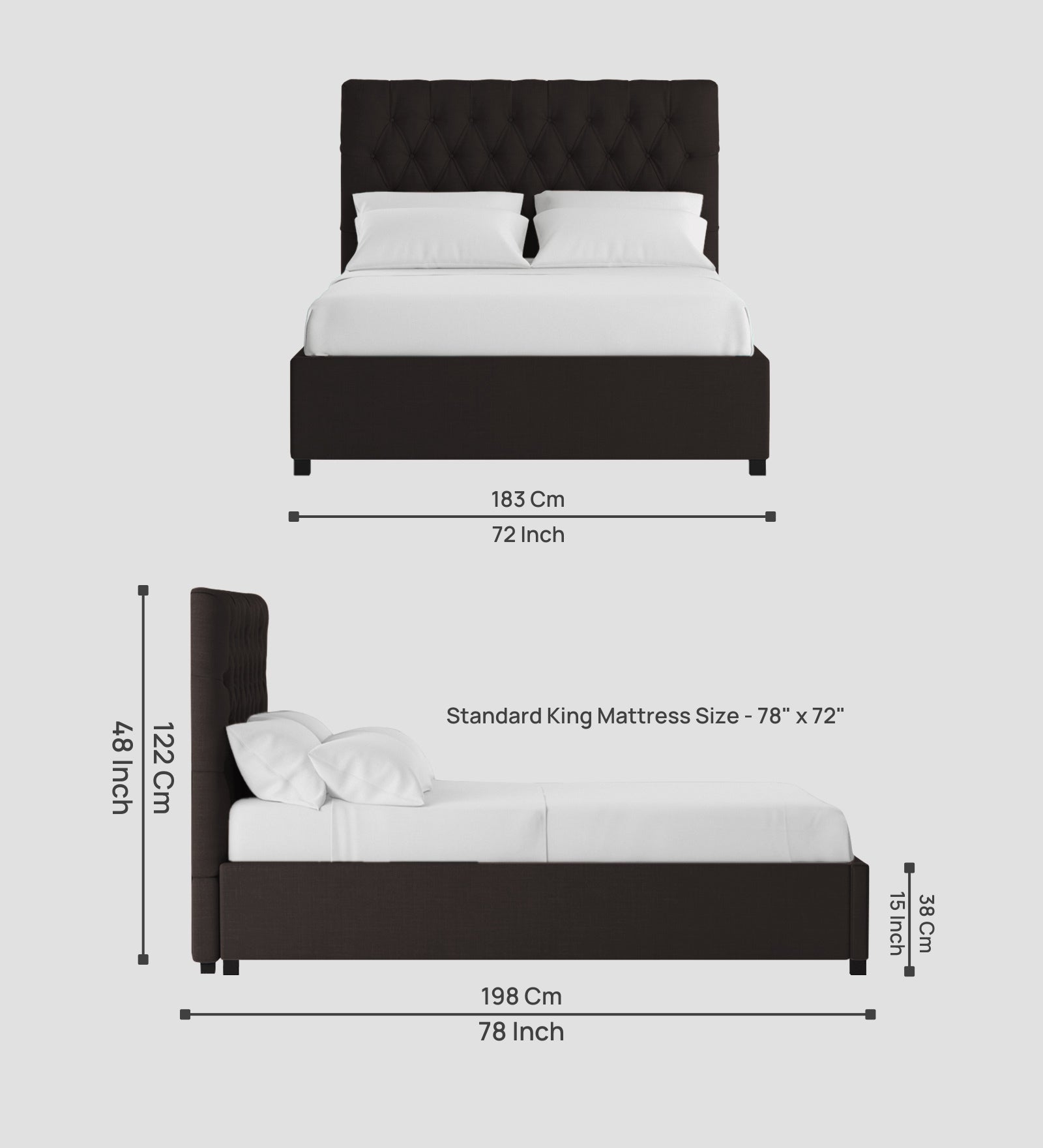 Isko Fabric King Size Bed In Cara Brown Colour With Storage Box - Febonic Living