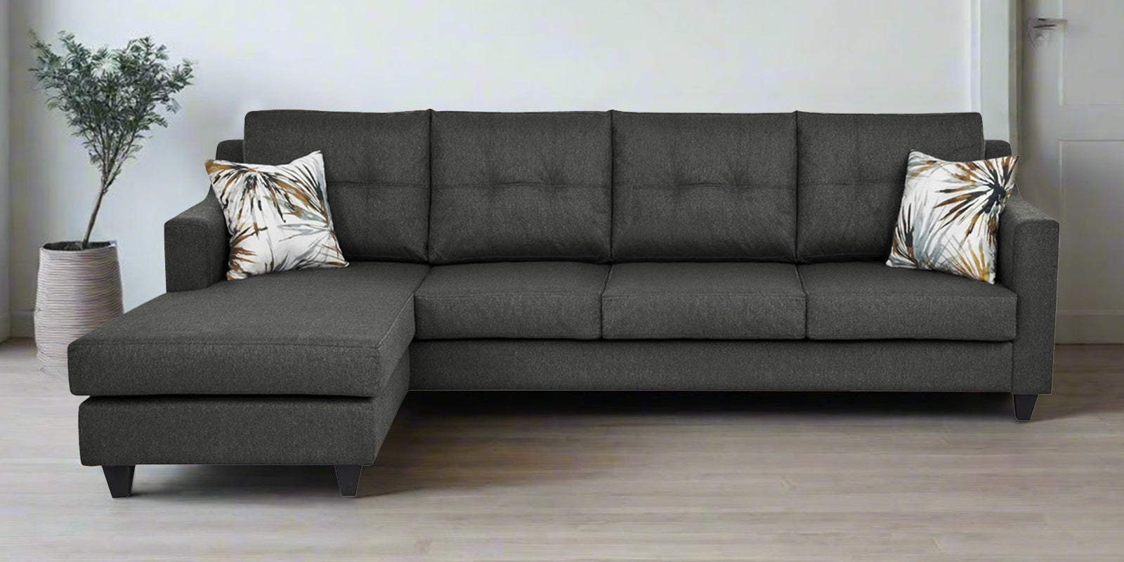 Welly Fabric RHS Sectional Sofa (3+Lounger) In Charcoal Grey Colour - Febonic Living