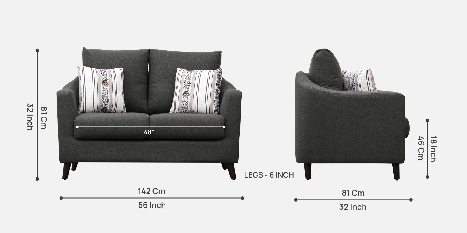 Kevin Fabric 2 Seater Sofa In Charcoal Grey Colour - Febonic Living